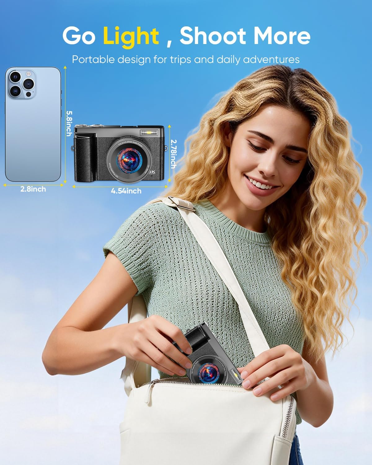 4K Digital Camera 64MP WiFi 180° Flip Screen Autofocus Compact, Black | 16X Zoom Anti-Shake Travel Vlogging YouTube Photography Webcam Filters Scene Modes 32GB Card Dual Rechargeable Batteries