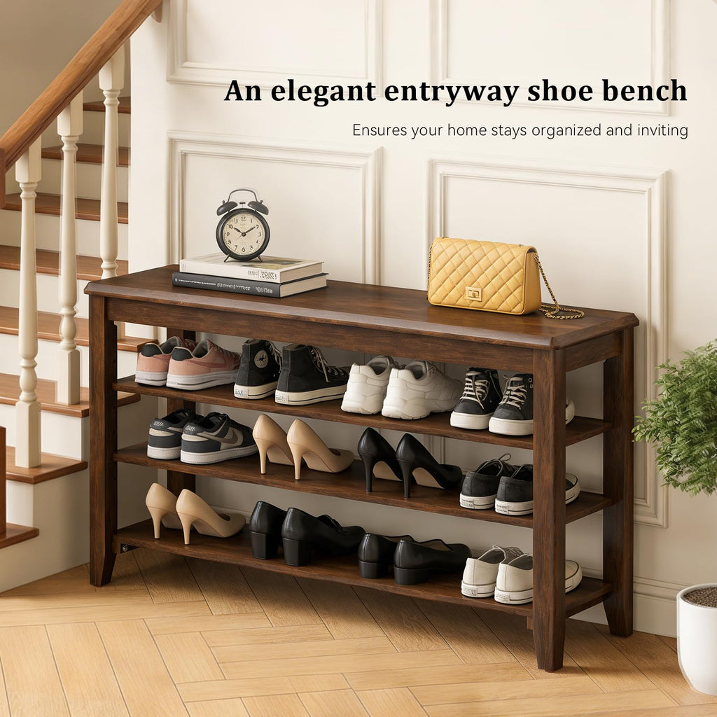 Taitiy Shoe Bench Storage Rubberwood with Leather Cushion for Entryway Bench Ideal for Hallways Shoe Rack Front Doors Entrances Mudrooms Featuring 3 Height-Adjustable and Removable Shelves