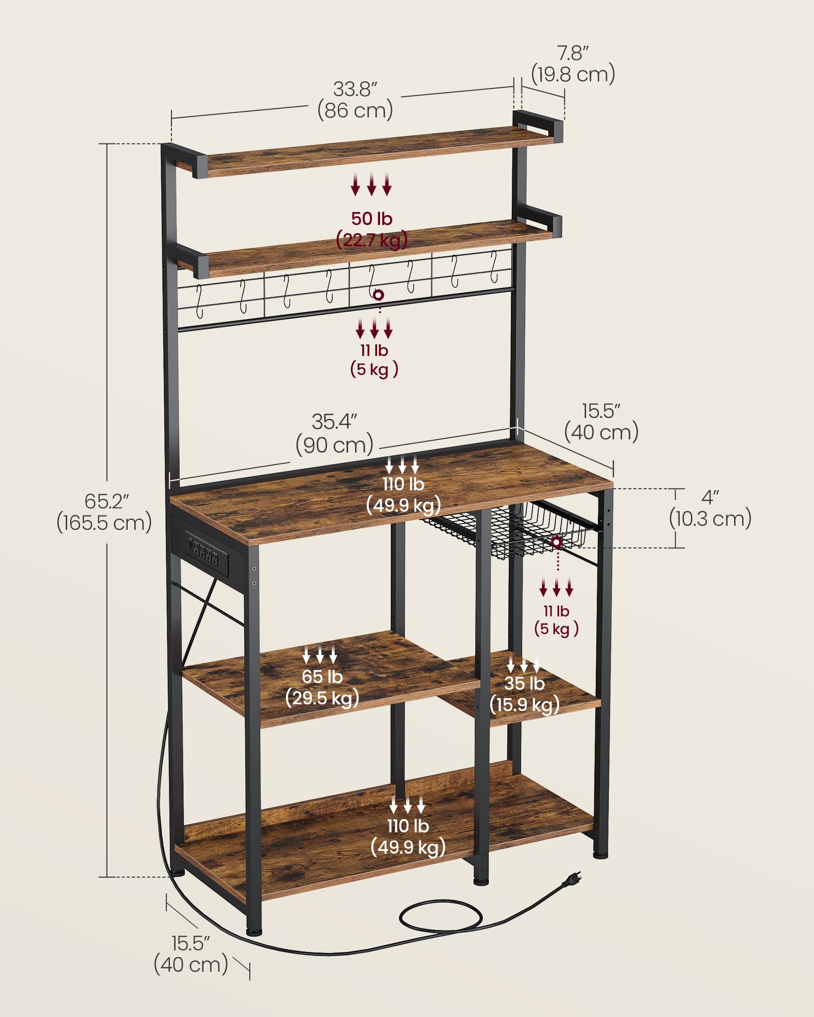 VASAGLE Kitchen Bakers Rack with Power Outlet, Coffee Bar with 35.4-Inch High Worktop, Microwave Stand with 8 Hooks, 15.7 x 31.5 x 66.9 Inches, Golden Oak and Cloud White UKKS059Y01