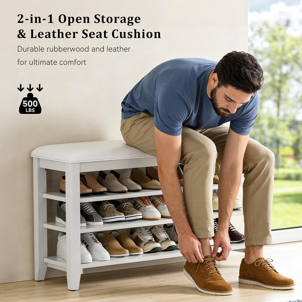 Taitiy Shoe Bench Storage Rubberwood with Leather Cushion for Entryway Bench Ideal for Hallways Shoe Rack Front Doors Entrances Mudrooms Featuring 3 Height-Adjustable and Removable Shelves