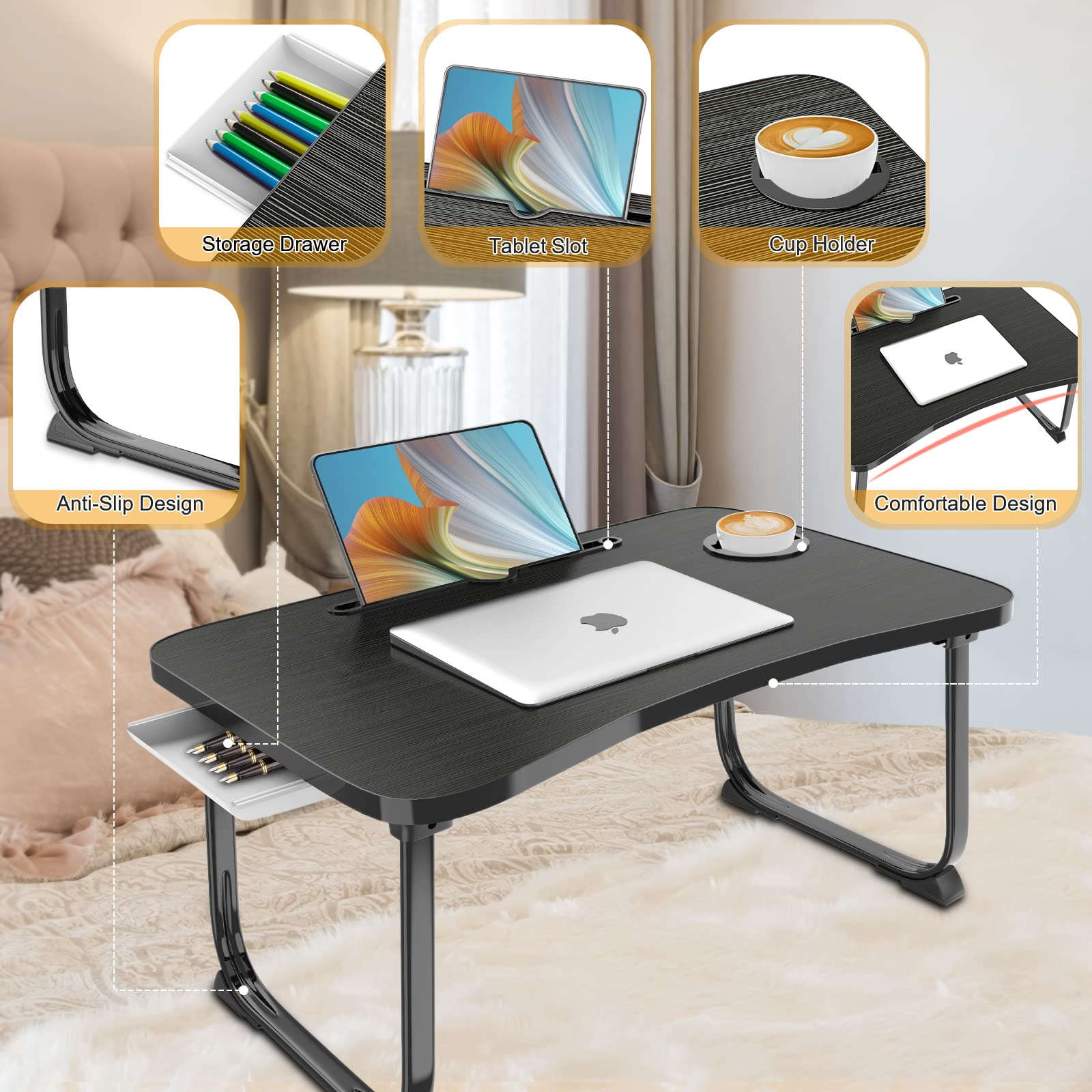 Fayquaze Lap Laptop Desk, Portable Foldable Laptop Bed Table with Storage Drawer and Cup Holder, Lap Desk Lap Bed Stand Tray Table Serving Tray for Eating, Reading and Working