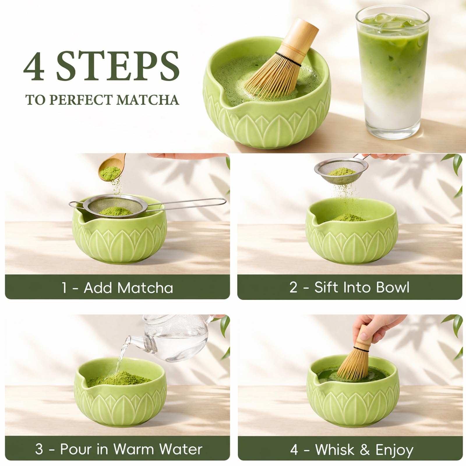 Matcha Whisk Set, Ceramic Matcha Set Includes Bowl & Holder, Bamboo Whisk (Chasen), Scoop, Spoon and Sifter, 6PCS Matcha Kit Covers Everything Needed for Making Matcha (Green)