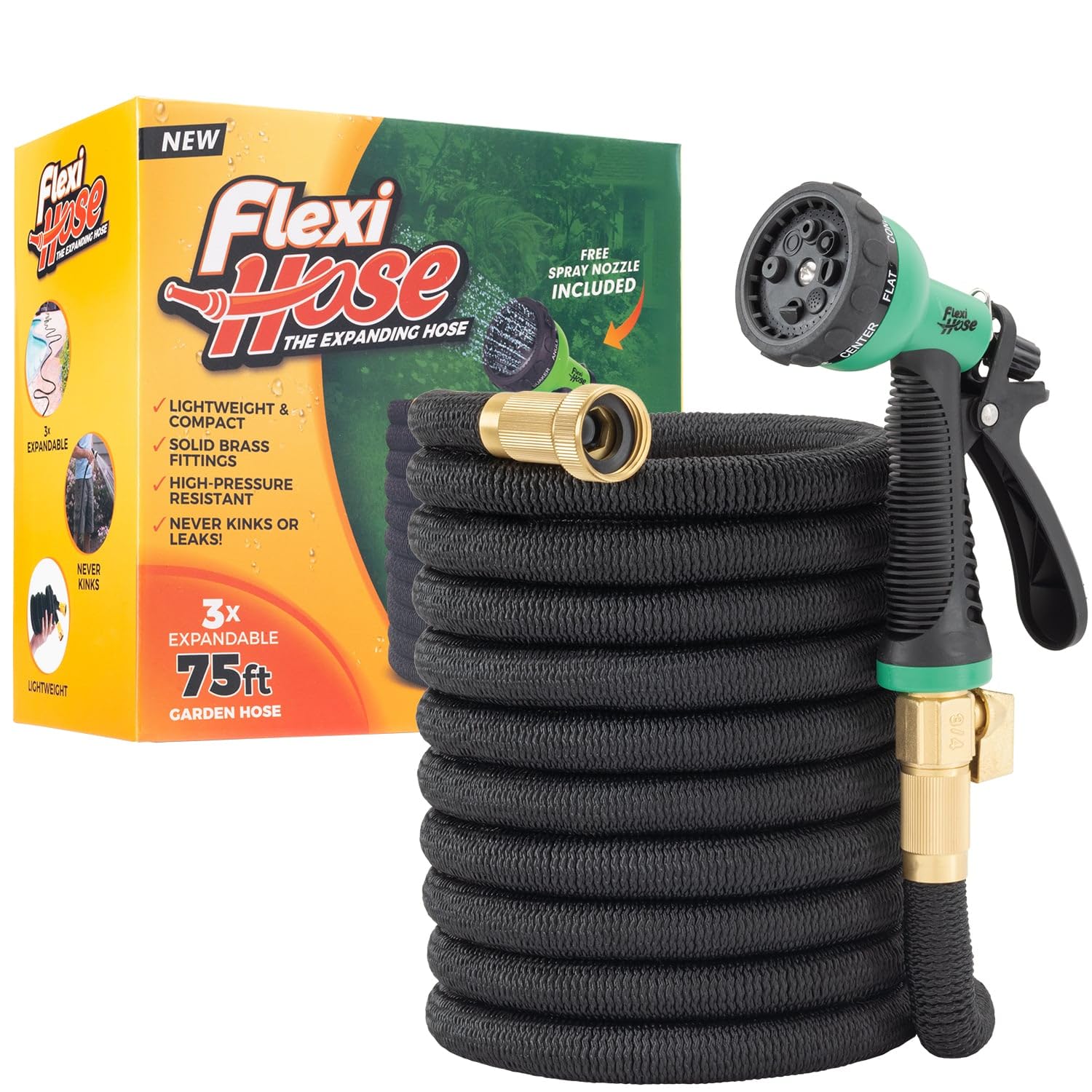 Flexi Hose Expandable Garden Hose with 8 Function Nozzle, 50FT - Lightweight Retractable Garden Hose, Water Hose - No-Kink Flexibility, 3/4 Inch Solid Brass Fittings and Double Latex Core