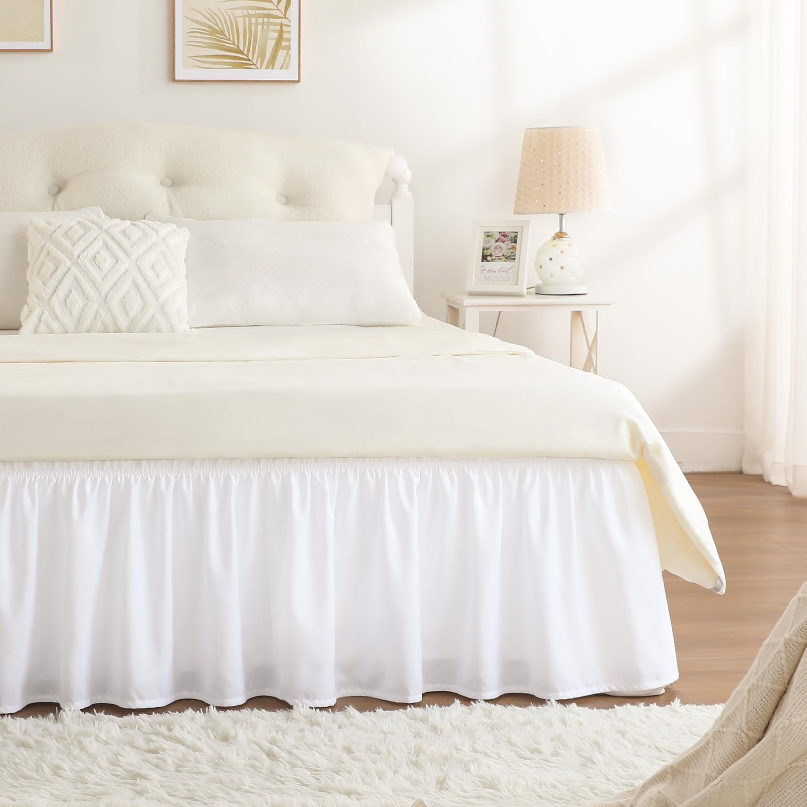 RIMELA Dorm Bed Skirt Twin XL 32 Inch Drop, Easy to Install Extra Long Wrap Around Elastic Dust Ruffle, White Bedskirt Solid Silky Fabric Machine Washable, Bedroom Decor