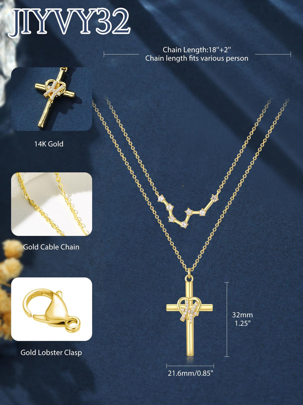 14K Gold Zodiac Cross Layered Necklace for Women - Horoscope Constellation Pendant with Cross,Luxury Anniversary Birthday Mothers Day Gifts Jewelry (12 Zodiac Signs)