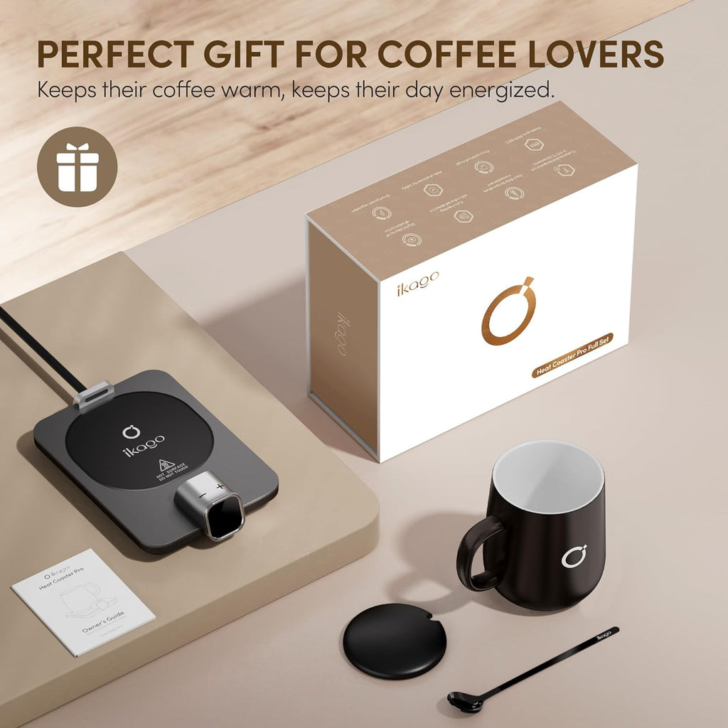 Coffee Cup Warmer & iKago Mug Set, 1℉ Precise Temp Control Mug Warmer | Auto Shut Off, Infrared Sensor, Dual Temp Display, ℉/℃ Optional, 15oz Mug with Spoon & Lid Included, Gifts for Men Women