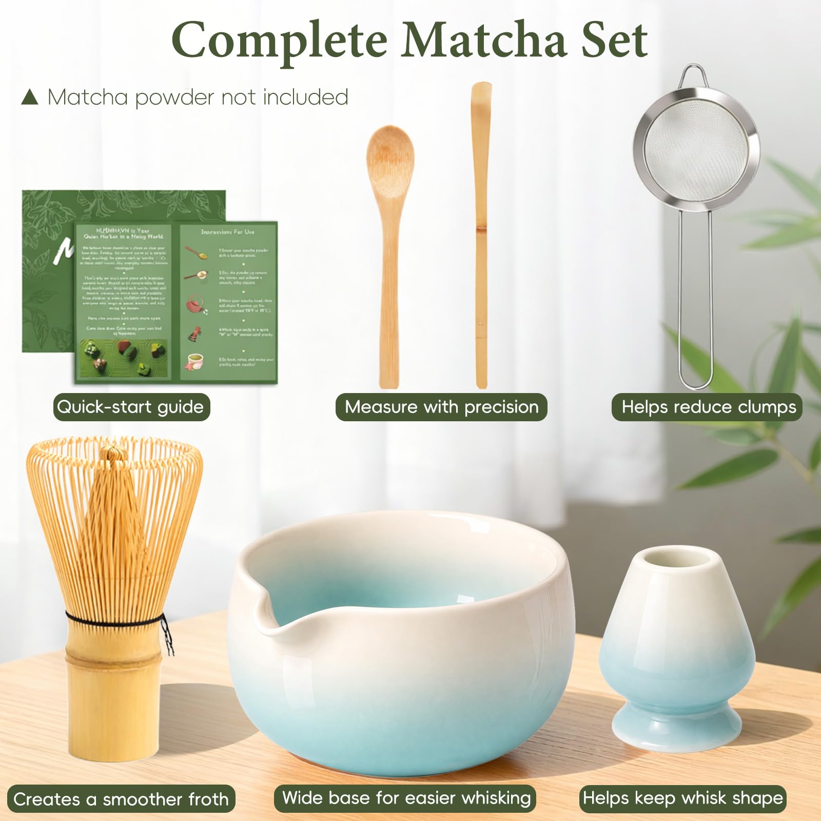 Matcha Whisk Set, Ceramic Matcha Set Includes Bowl & Holder, Bamboo Whisk (Chasen), Scoop, Spoon and Sifter, 6PCS Matcha Kit Covers Everything Needed for Making Matcha (Green)