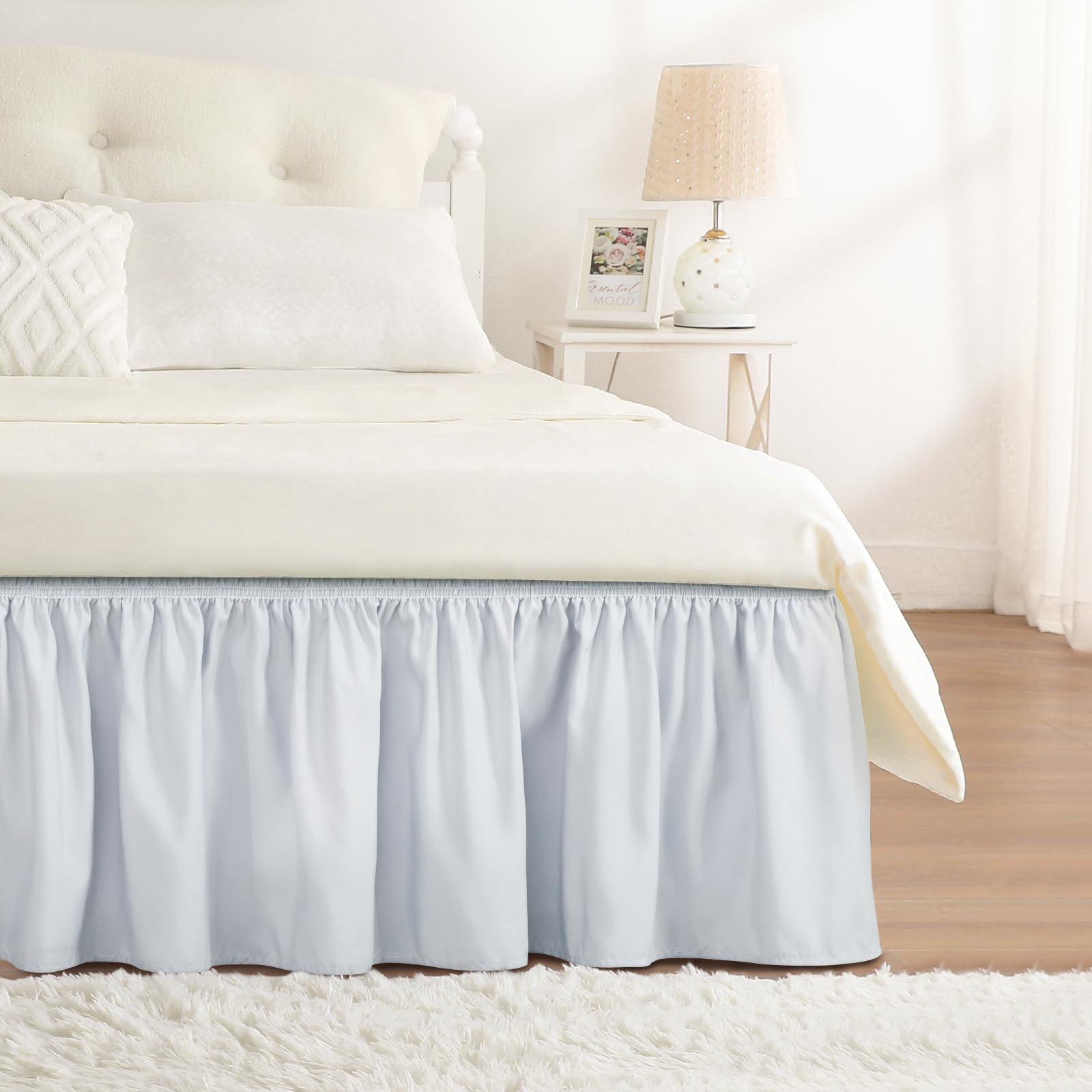 RIMELA Dorm Bed Skirt Twin XL 32 Inch Drop, Easy to Install Extra Long Wrap Around Elastic Dust Ruffle, White Bedskirt Solid Silky Fabric Machine Washable, Bedroom Decor