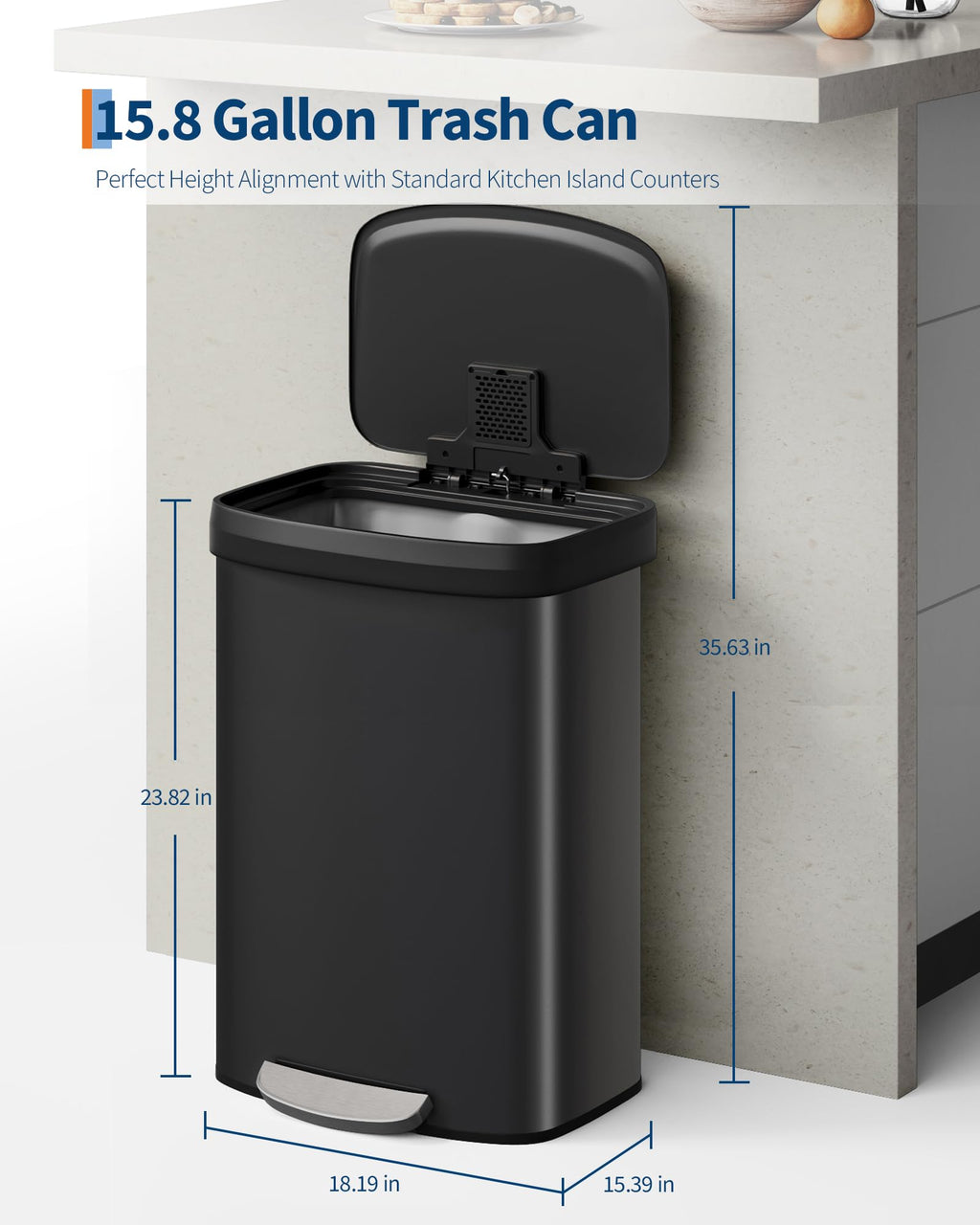 Garvee 13 gal / 50 L Stainless Steel Trash Can with Lid, Large Garbage Can for Kitchen, Rustproof Step-on Kitchen Metal Trash Bin with Liner Rim, Rear Handle, Soft Close Plastic Lid, Silver