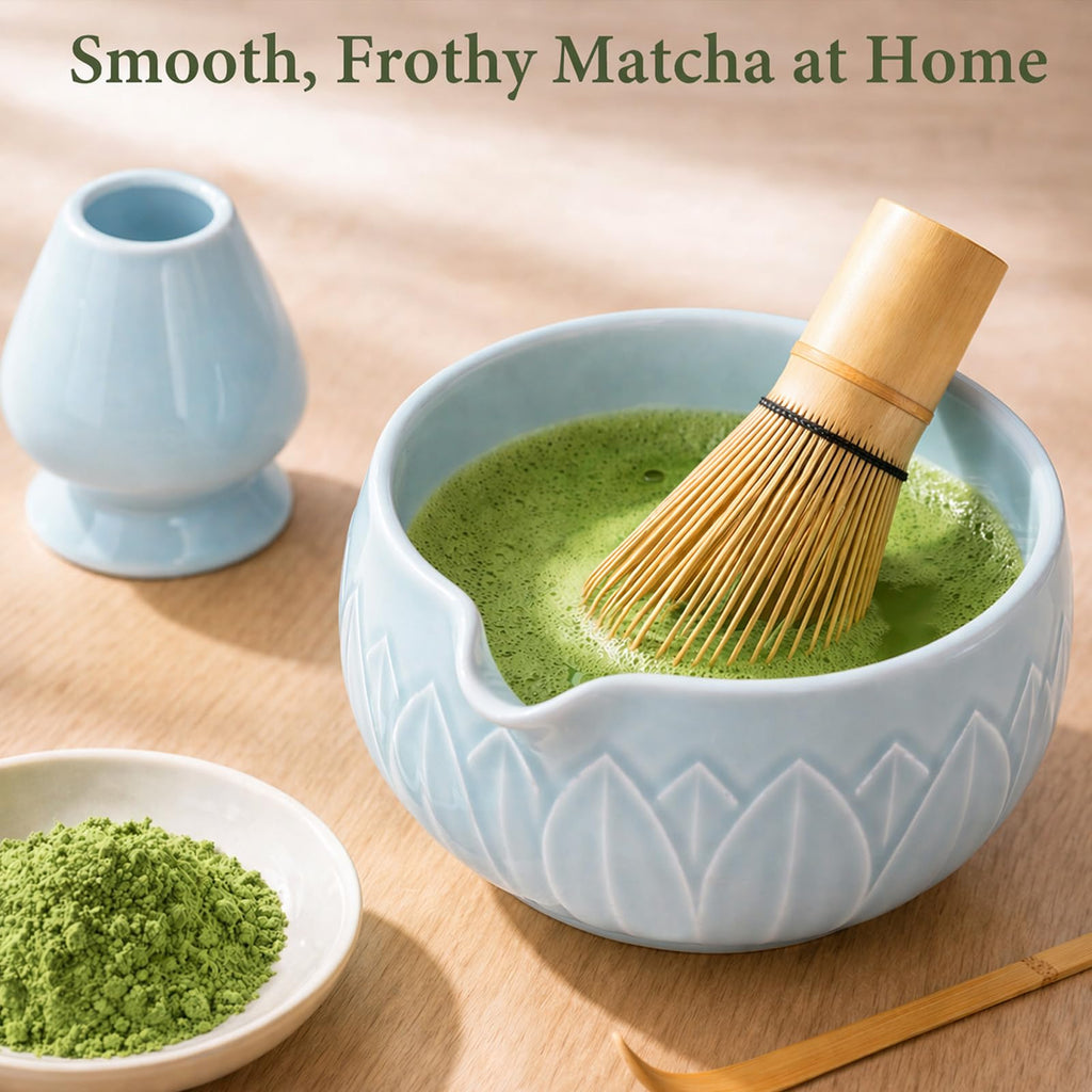 Matcha Whisk Set, Ceramic Matcha Set Includes Bowl & Holder, Bamboo Whisk (Chasen), Scoop, Spoon and Sifter, 6PCS Matcha Kit Covers Everything Needed for Making Matcha (Green)