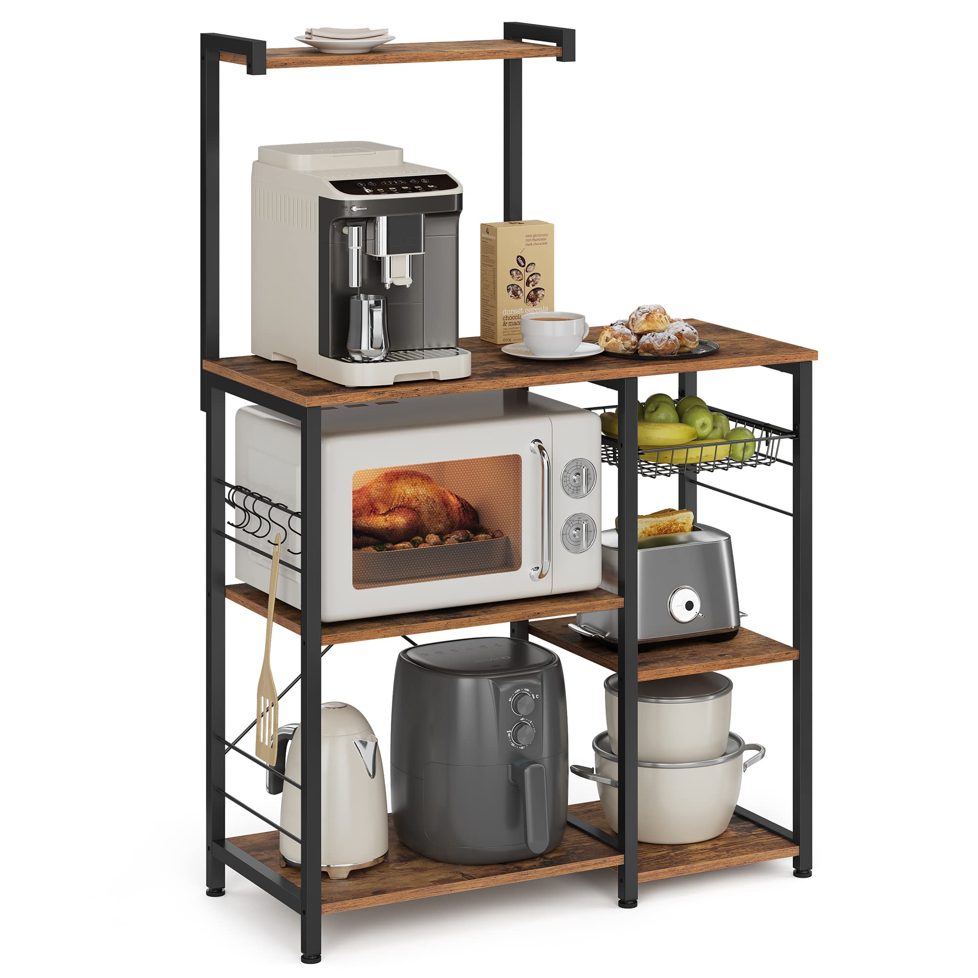 VASAGLE Kitchen Bakers Rack with Power Outlet, Coffee Bar with 35.4-Inch High Worktop, Microwave Stand with 8 Hooks, 15.7 x 31.5 x 66.9 Inches, Golden Oak and Cloud White UKKS059Y01