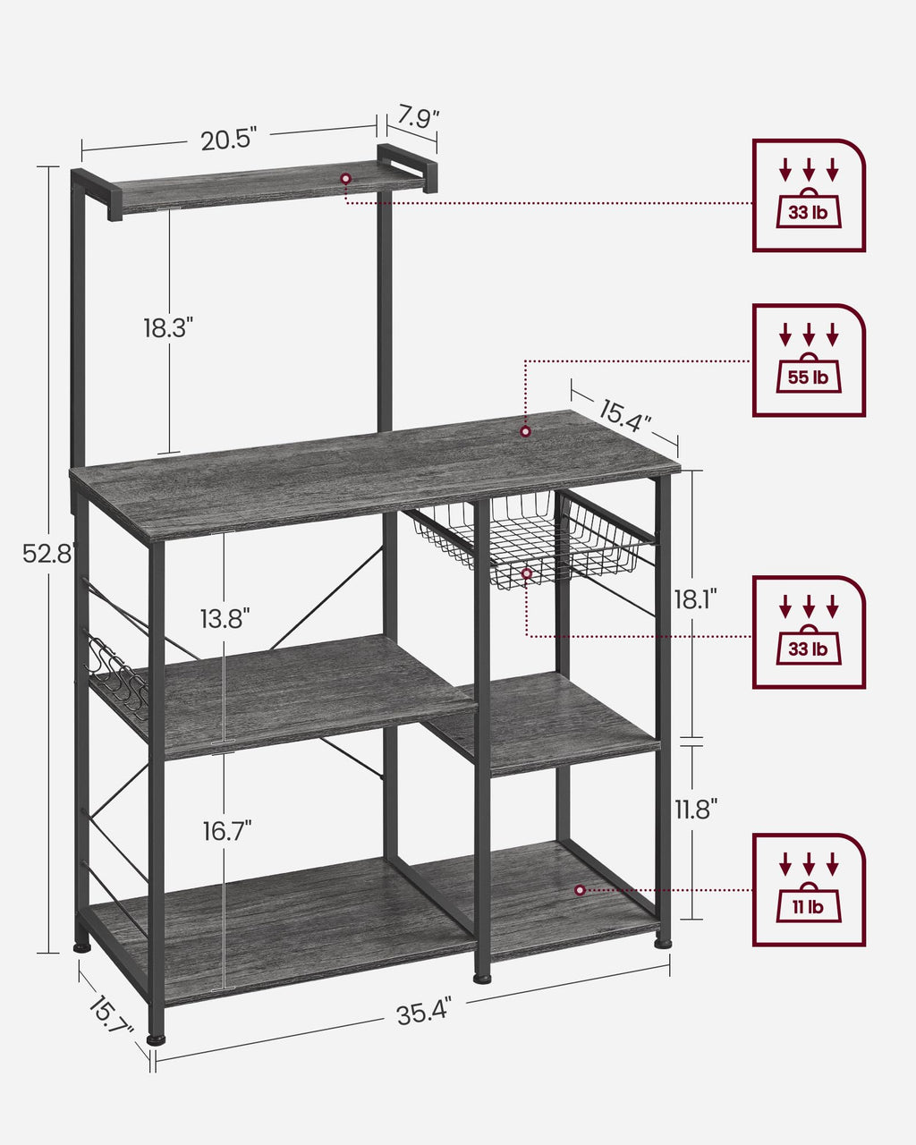 VASAGLE Kitchen Bakers Rack with Power Outlet, Coffee Bar with 35.4-Inch High Worktop, Microwave Stand with 8 Hooks, 15.7 x 31.5 x 66.9 Inches, Golden Oak and Cloud White UKKS059Y01