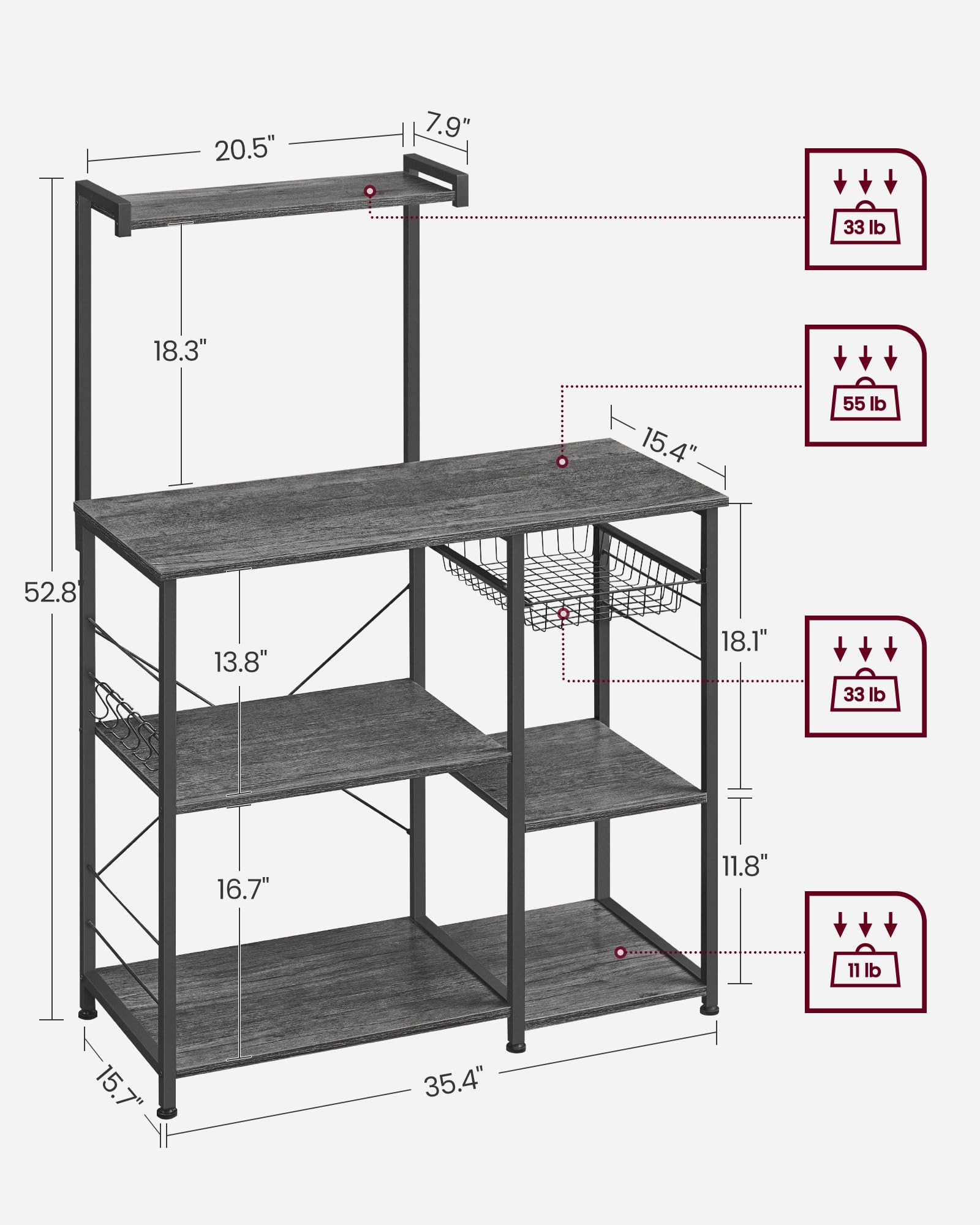 VASAGLE Kitchen Bakers Rack with Power Outlet, Coffee Bar with 35.4-Inch High Worktop, Microwave Stand with 8 Hooks, 15.7 x 31.5 x 66.9 Inches, Golden Oak and Cloud White UKKS059Y01