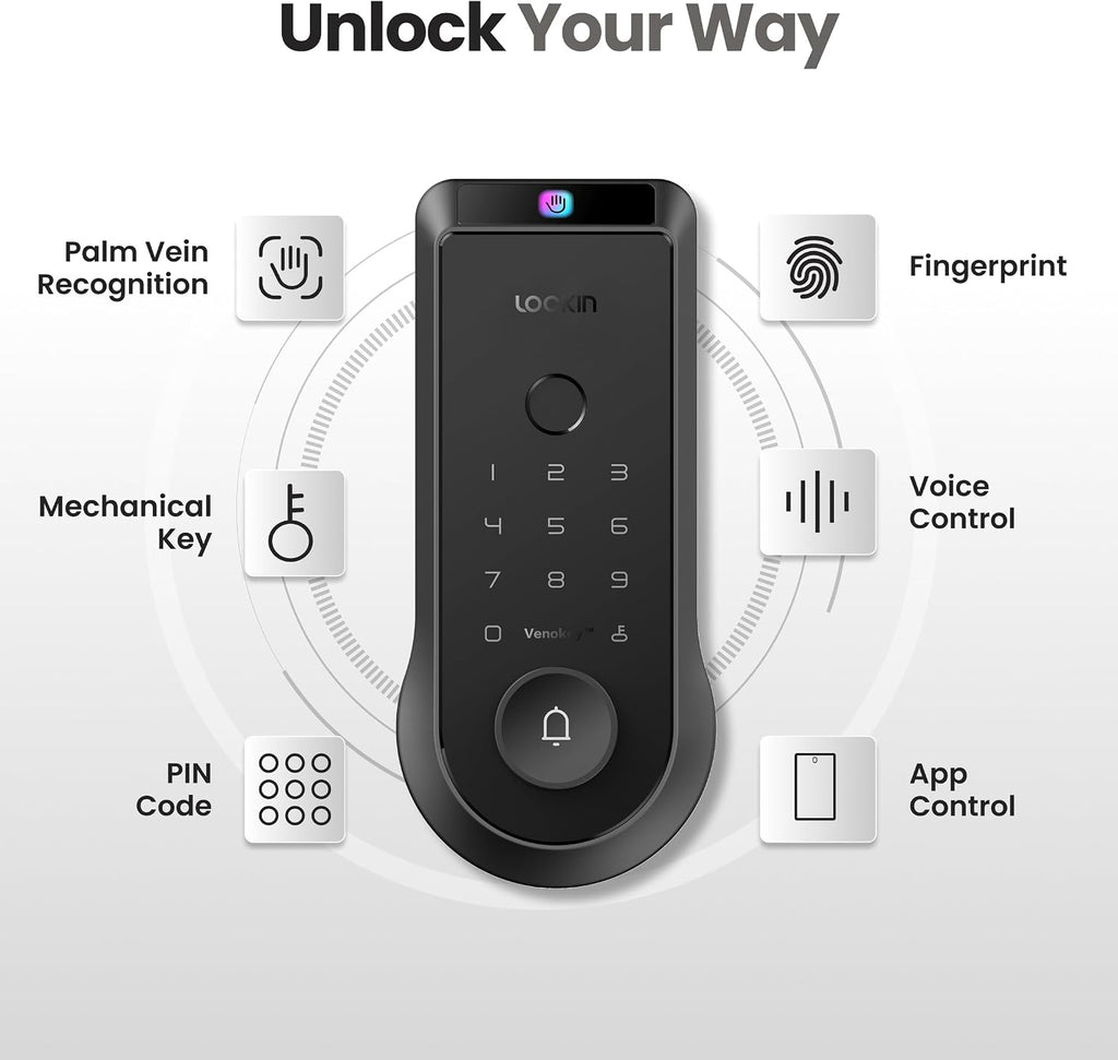 Lockin Venoris Smart Lock - Palm Vein & Fingerprint Keyless Entry Door Lock - 6 Unlock Methods - Built-in WiFi - Smart Home Compatible - No Monthly Subscription - 7-Month Battery Life