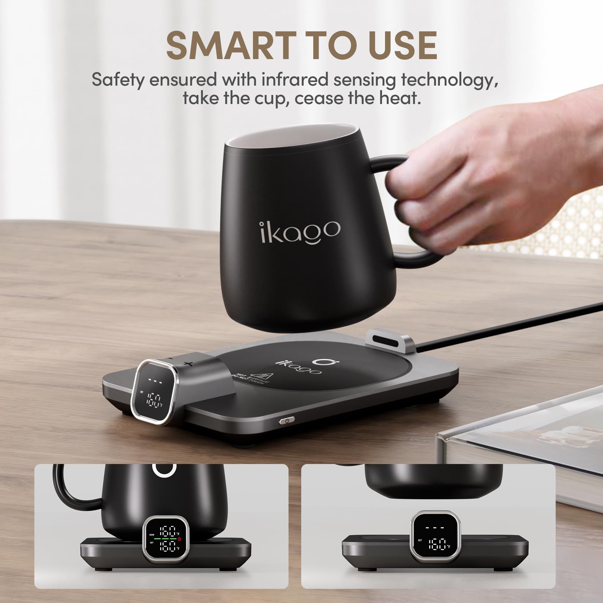 Coffee Cup Warmer & iKago Mug Set, 1℉ Precise Temp Control Mug Warmer | Auto Shut Off, Infrared Sensor, Dual Temp Display, ℉/℃ Optional, 15oz Mug with Spoon & Lid Included, Gifts for Men Women