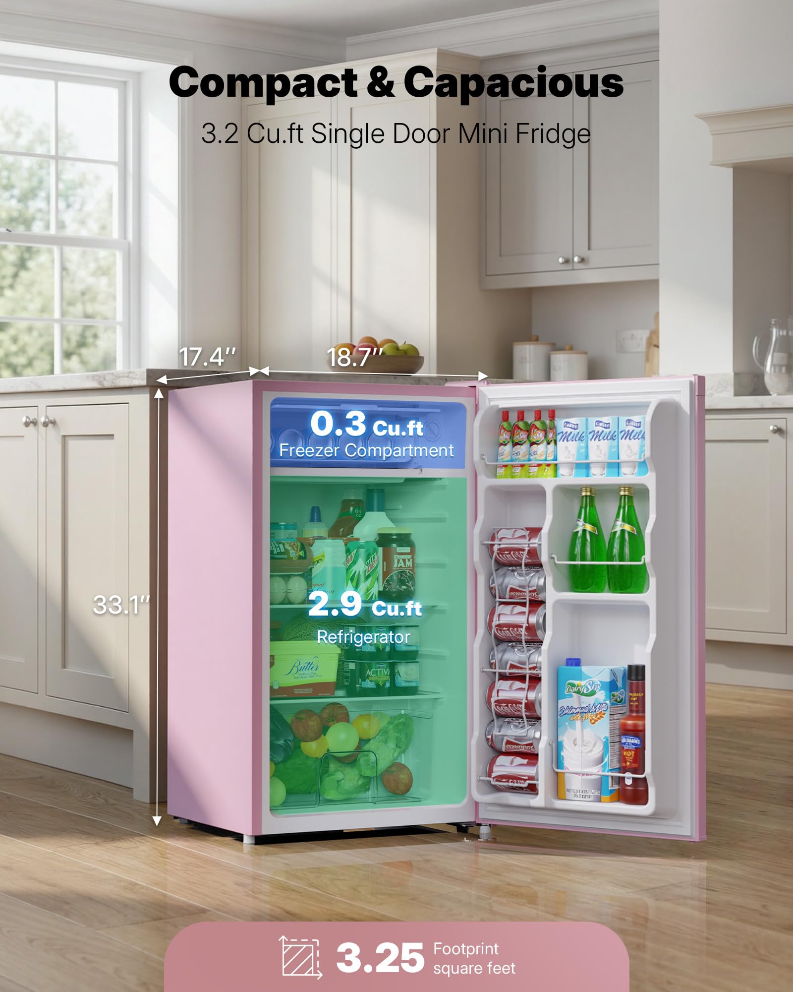 Upstreman 3.2 Cu.Ft Mini Fridge with Freezer, Quiet Efficient Small Fridge, Compact Refrigerator with Adjustable Thermostat, for Dorm, Bedroom, Office, Black-BR321