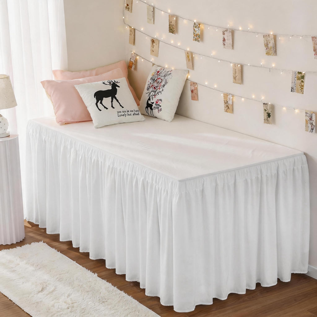 RIMELA Dorm Bed Skirt Twin XL 32 Inch Drop, Easy to Install Extra Long Wrap Around Elastic Dust Ruffle, White Bedskirt Solid Silky Fabric Machine Washable, Bedroom Decor