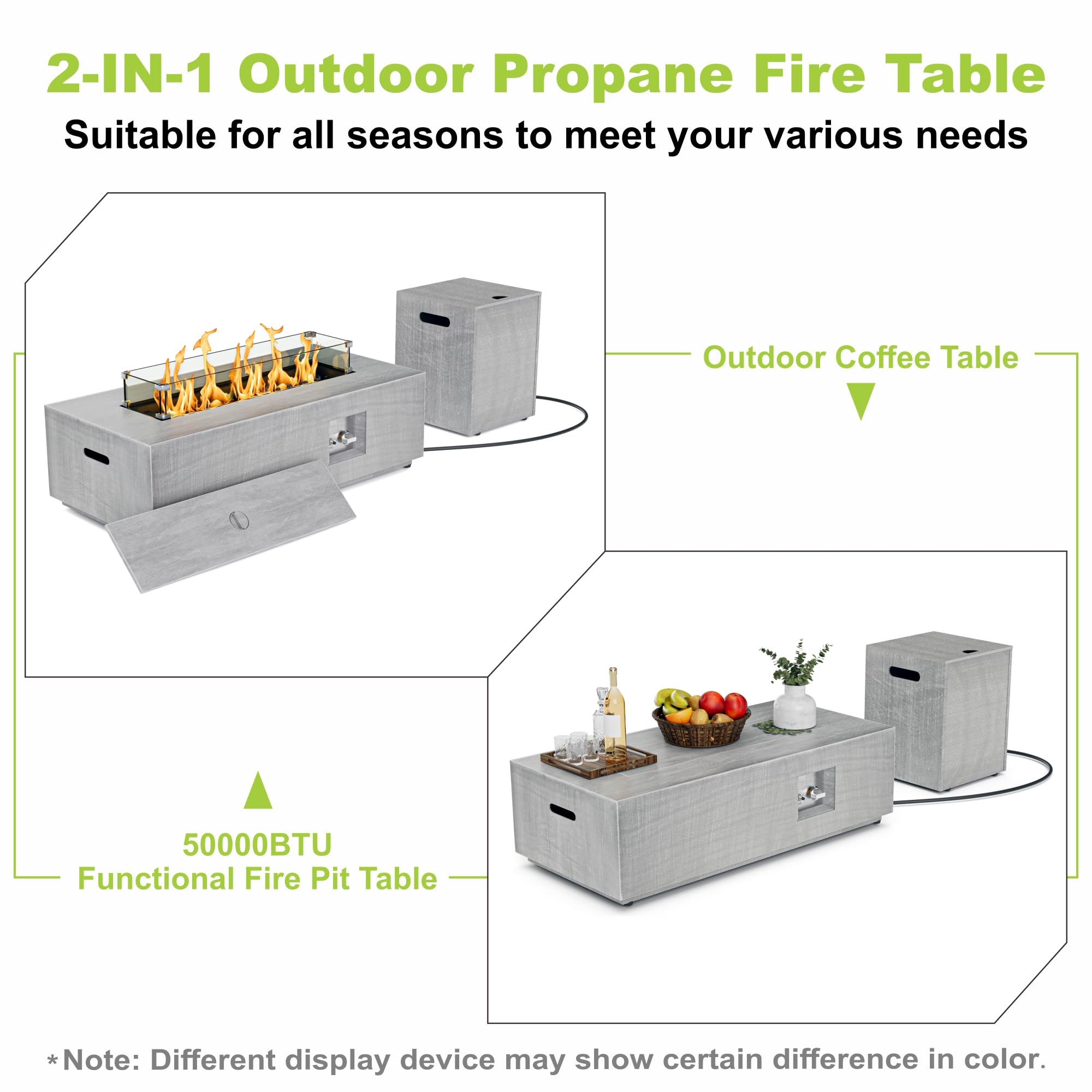 SUNPEAK 42" Modern Fire Pit Table with LED Light 50,000 BTU Deck Fire Pit Table Includes Wind Guard, Lid, Rocks & Cover - Propane Gas Patio Fireplace, Chimenea para Patio (Grey/Golden Light, 42" LED)