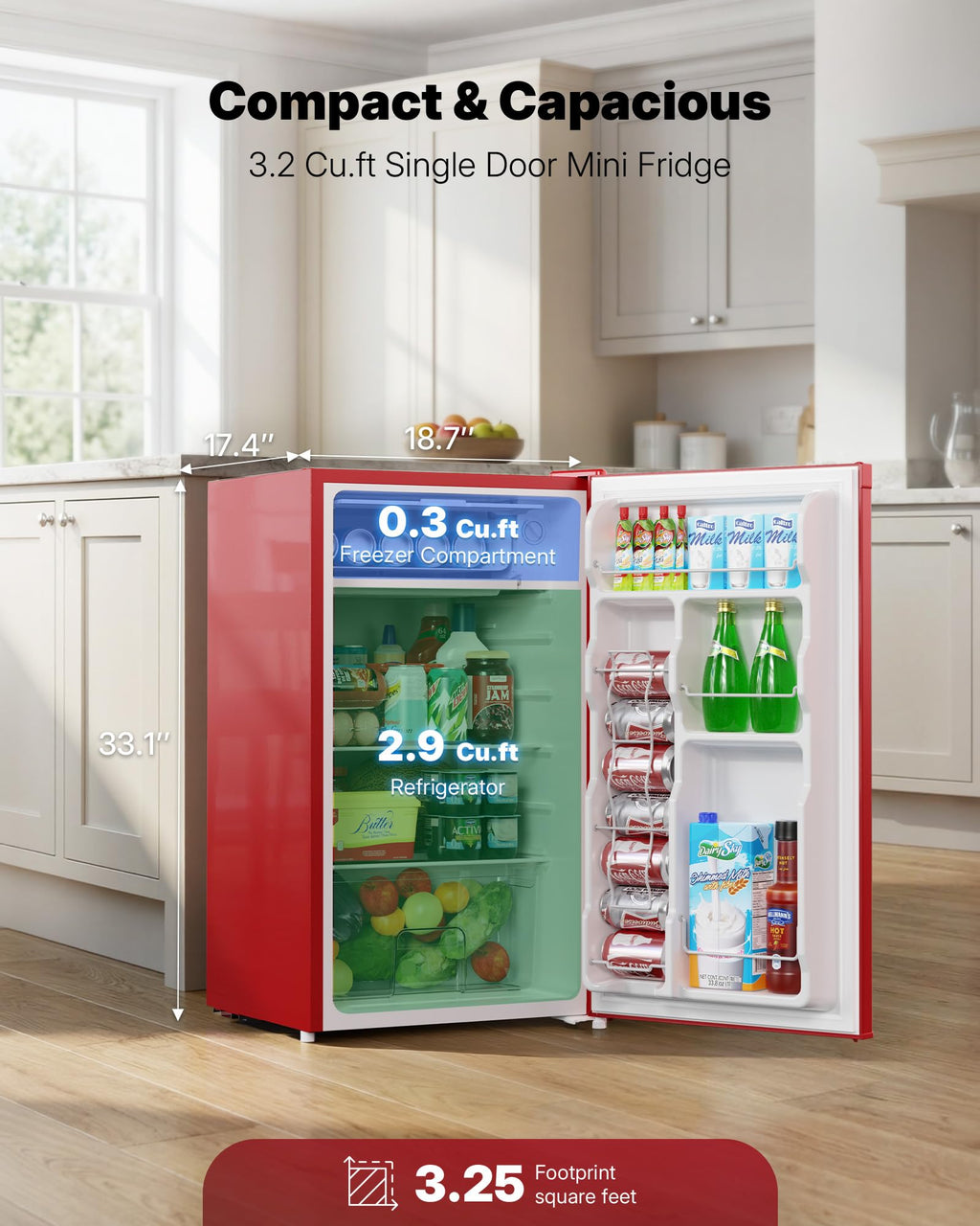 Upstreman 3.2 Cu.Ft Mini Fridge with Freezer, Quiet Efficient Small Fridge, Compact Refrigerator with Adjustable Thermostat, for Dorm, Bedroom, Office, Black-BR321