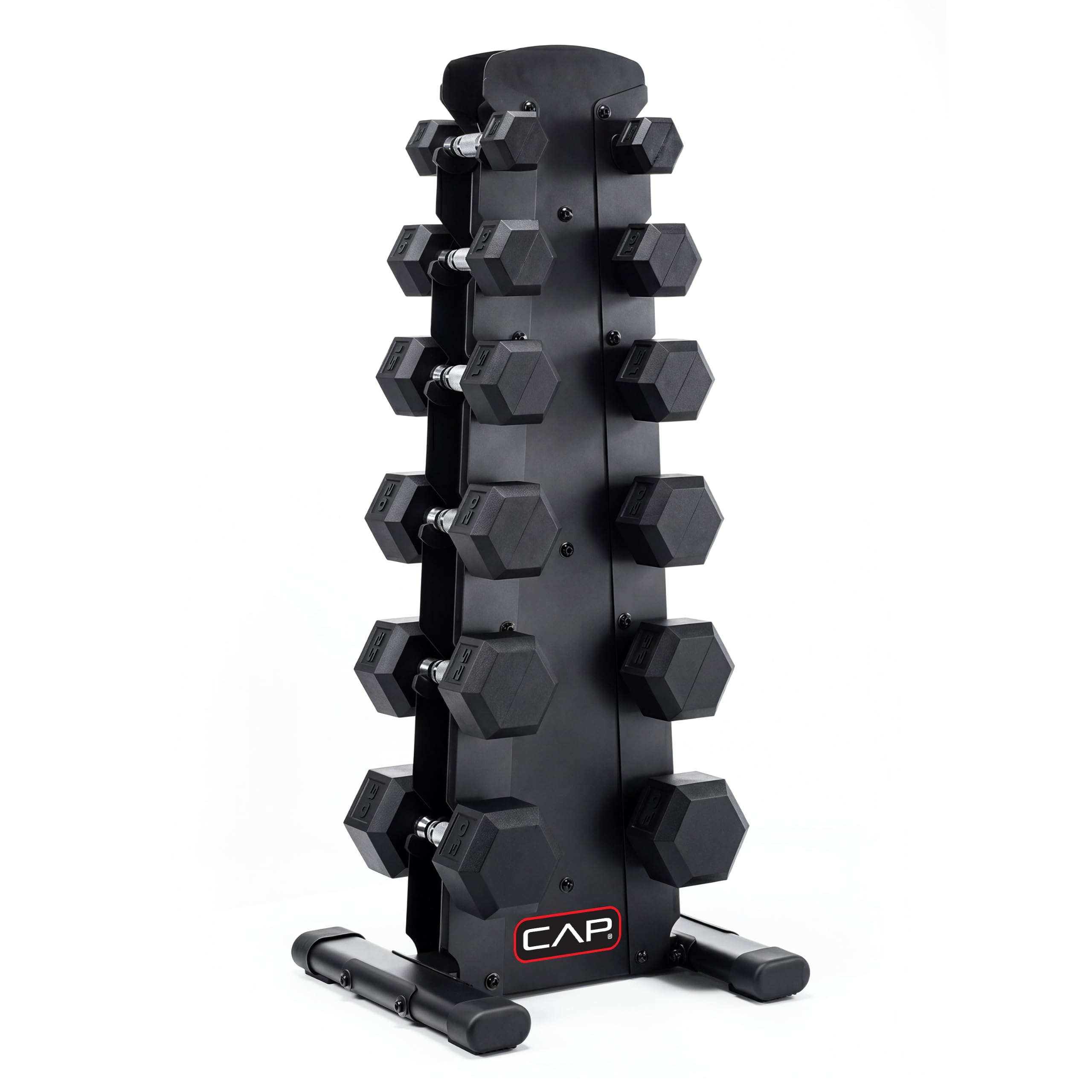 CAP Rubber Coated Hex Dumbbell Set with Storage Rack | 100–210 lb Options, Space-Saving Vertical Compact Storage for Home Gym Strength Training