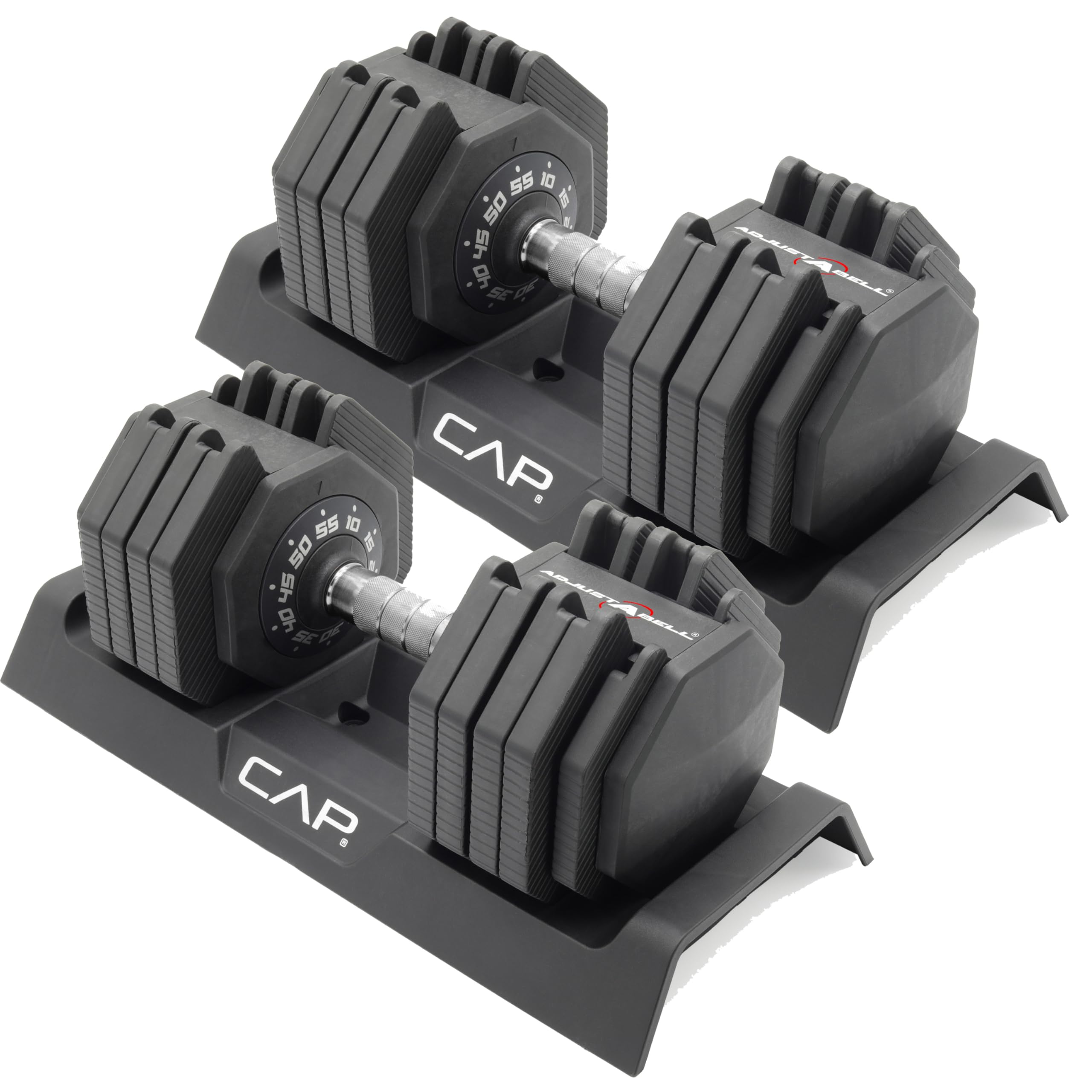 CAP ADJUSTABELL Adjustable Dumbbell Set, Premium Quick Select Adjustable Weights for Strength Training, Singles & Pairs, 12.5 LB, 25 LB & 55 LB, Round & Hex Dumbbells, Multiple Grip Handle Options