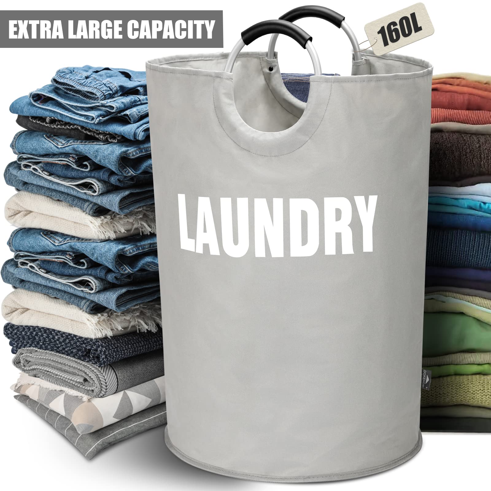 DOKEHOM 90L Large Laundry Basket, Collapsible Laundry Bag, Black | Freestanding tall clothes hamper & foldable washing bin. High-capacity clothes storage basket with durable sturdy handles