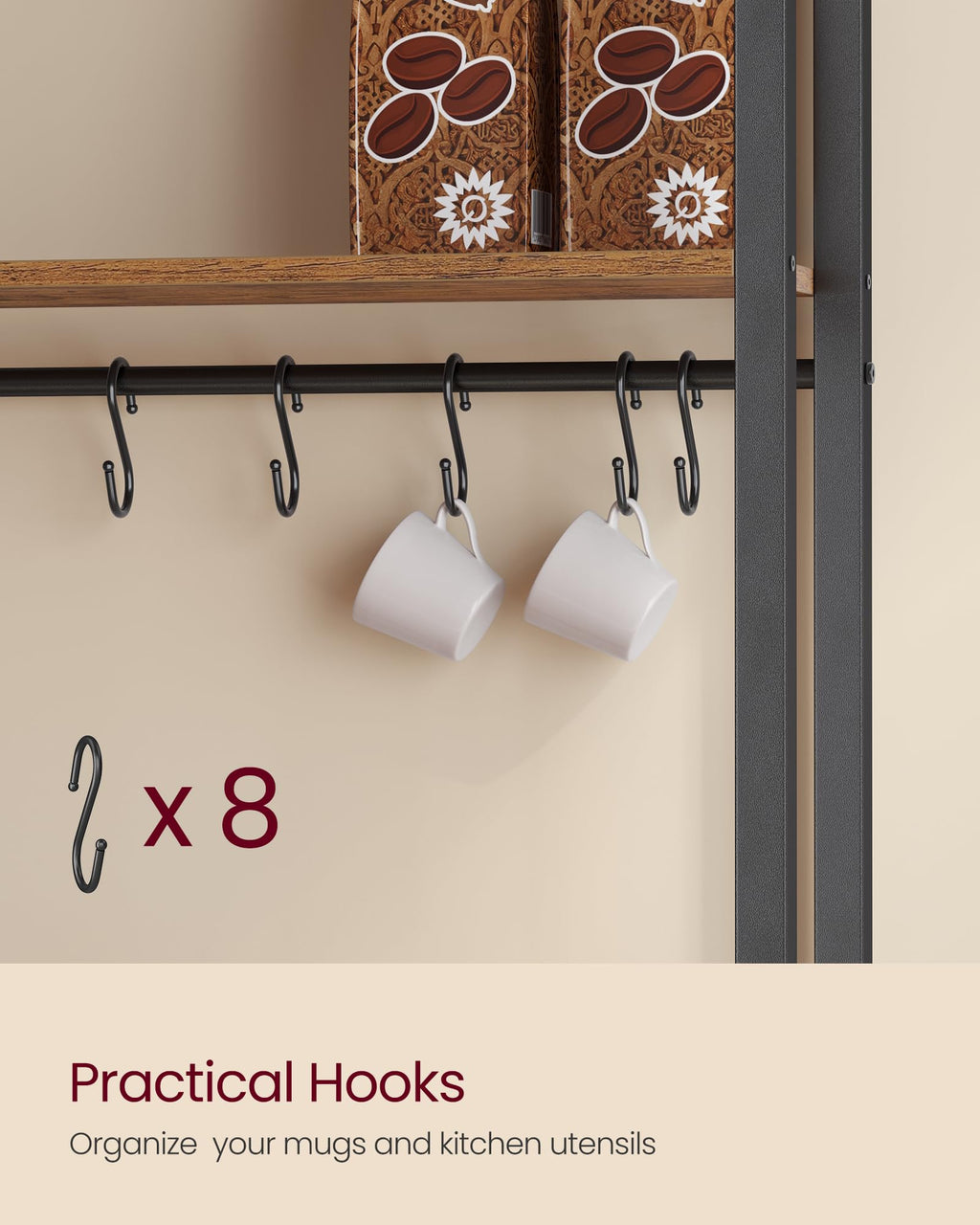 VASAGLE Kitchen Bakers Rack with Power Outlet, Coffee Bar with 35.4-Inch High Worktop, Microwave Stand with 8 Hooks, 15.7 x 31.5 x 66.9 Inches, Golden Oak and Cloud White UKKS059Y01