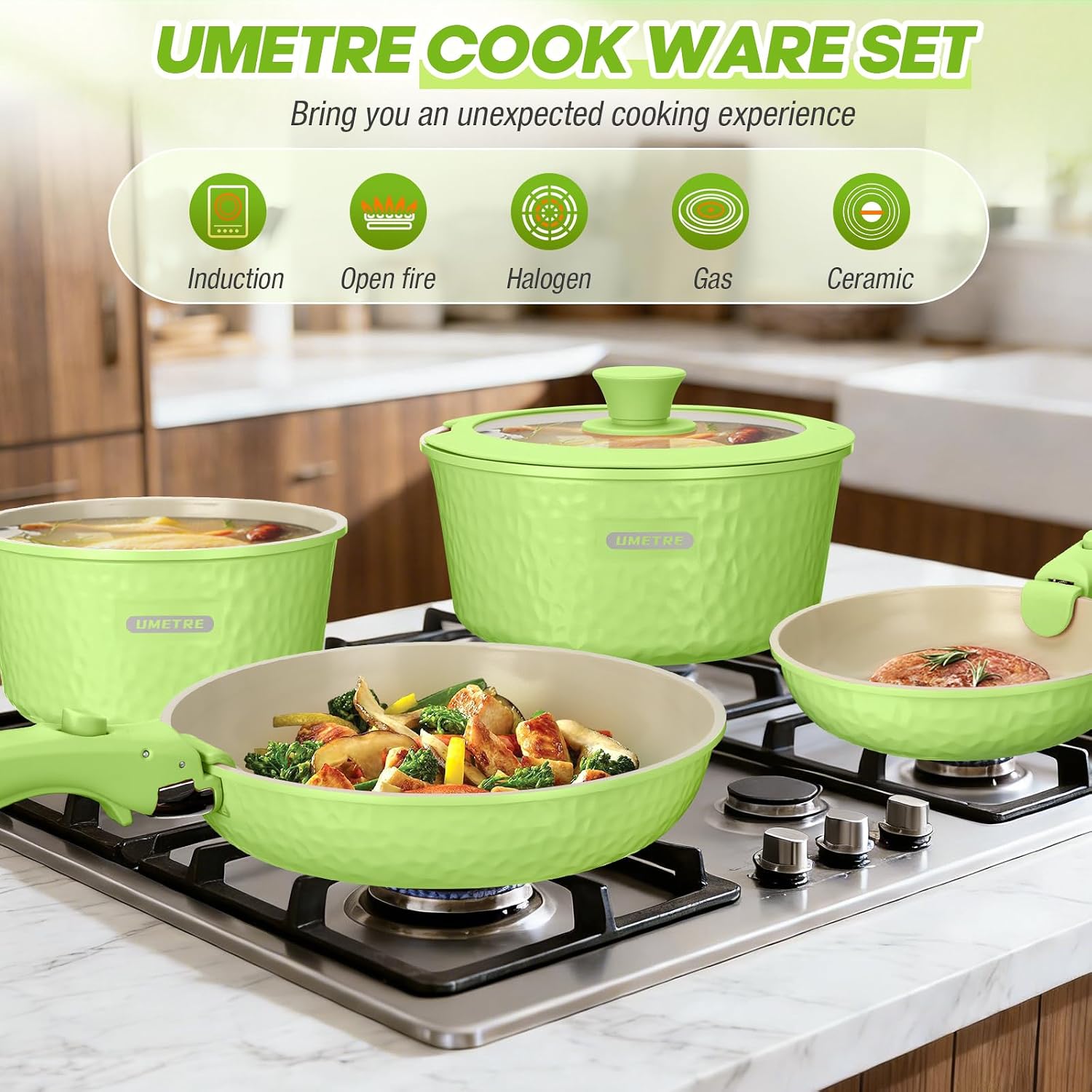 pots and Pans Set, Ceramic Nonstick Cookware Set Detachable Handle, Induction Kitchen Cookware Sets with Removable Handle, Non Stick RV Cookware Set, Dishwasher ＆ Oven Safe