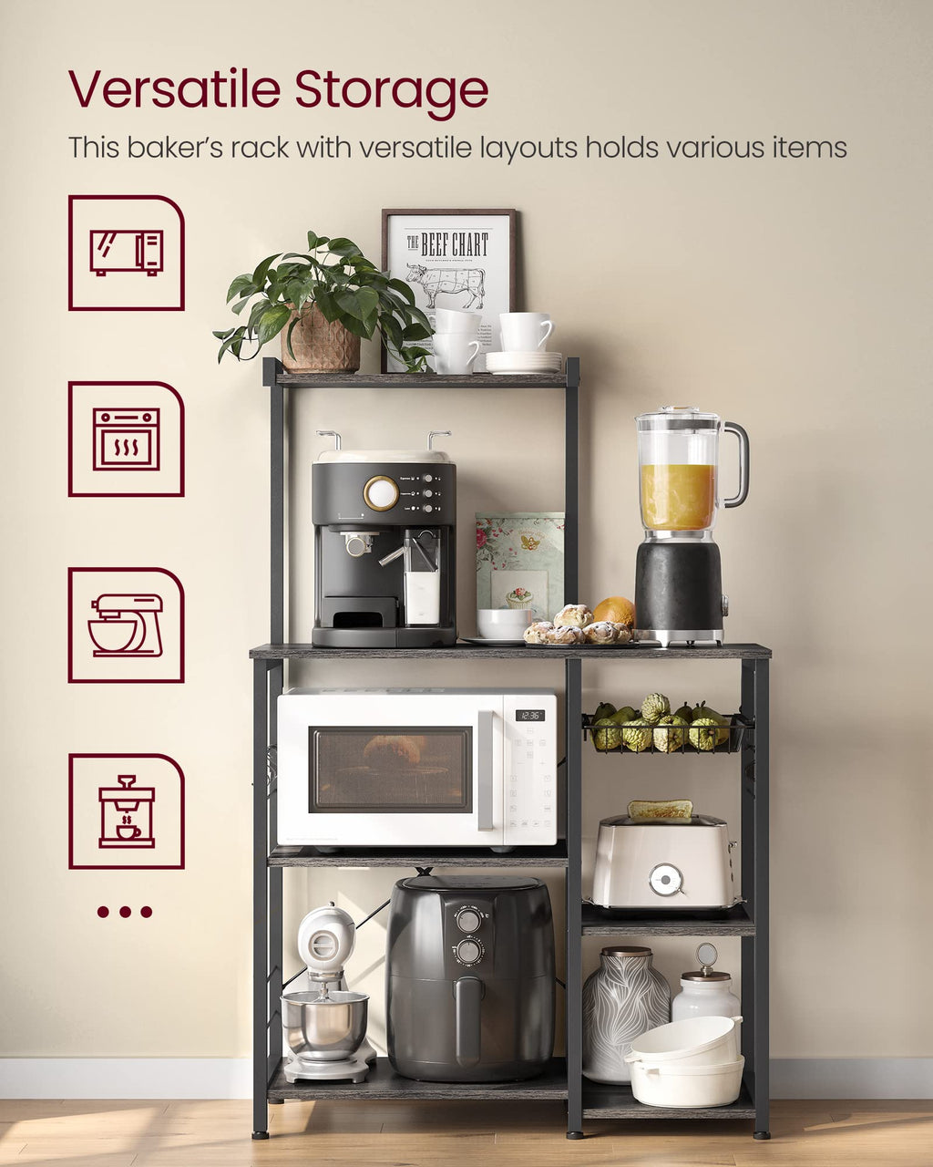 VASAGLE Kitchen Bakers Rack with Power Outlet, Coffee Bar with 35.4-Inch High Worktop, Microwave Stand with 8 Hooks, 15.7 x 31.5 x 66.9 Inches, Golden Oak and Cloud White UKKS059Y01