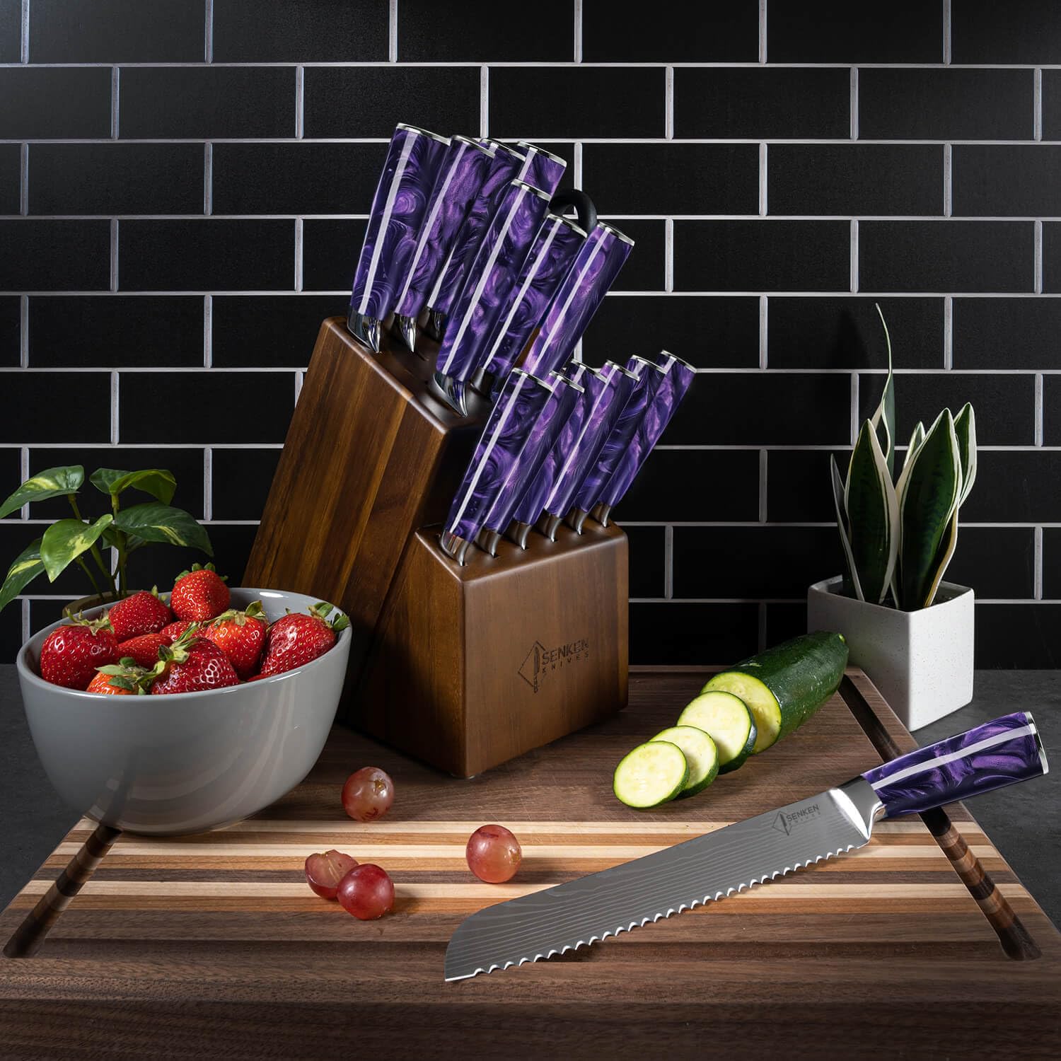 SENKEN 16-Piece Knife Block Set - Japanese High Carbon Stainless Steel with Damascus Pattern, Dark Wood Handles, 6 Steak Knives & Acacia Hardwood Block (Brown)