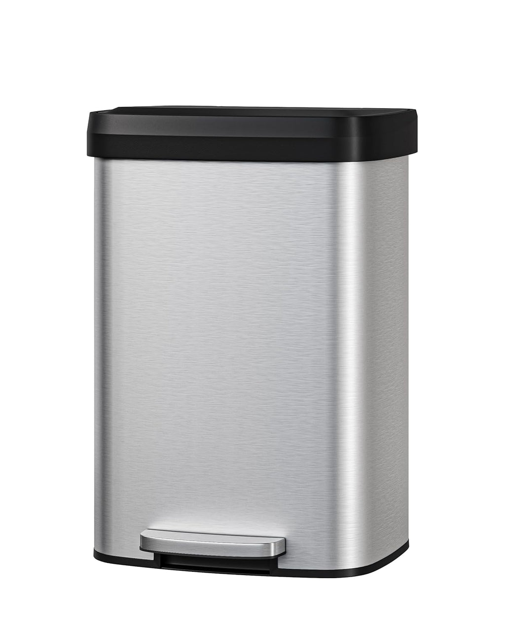 Garvee 13 gal / 50 L Stainless Steel Trash Can with Lid, Large Garbage Can for Kitchen, Rustproof Step-on Kitchen Metal Trash Bin with Liner Rim, Rear Handle, Soft Close Plastic Lid, Silver