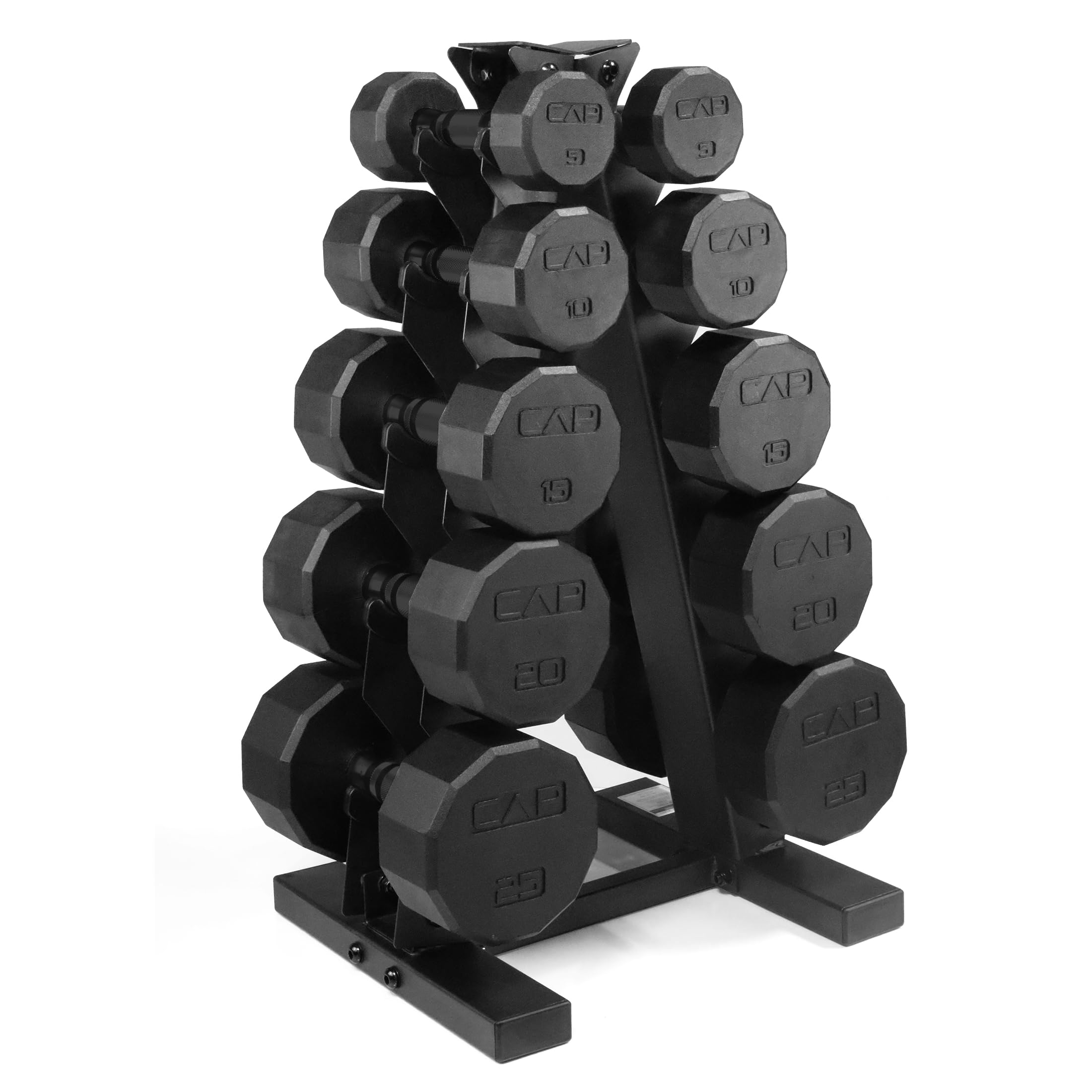 CAP Rubber Coated Hex Dumbbell Set with Storage Rack | 100–210 lb Options, Space-Saving Vertical Compact Storage for Home Gym Strength Training
