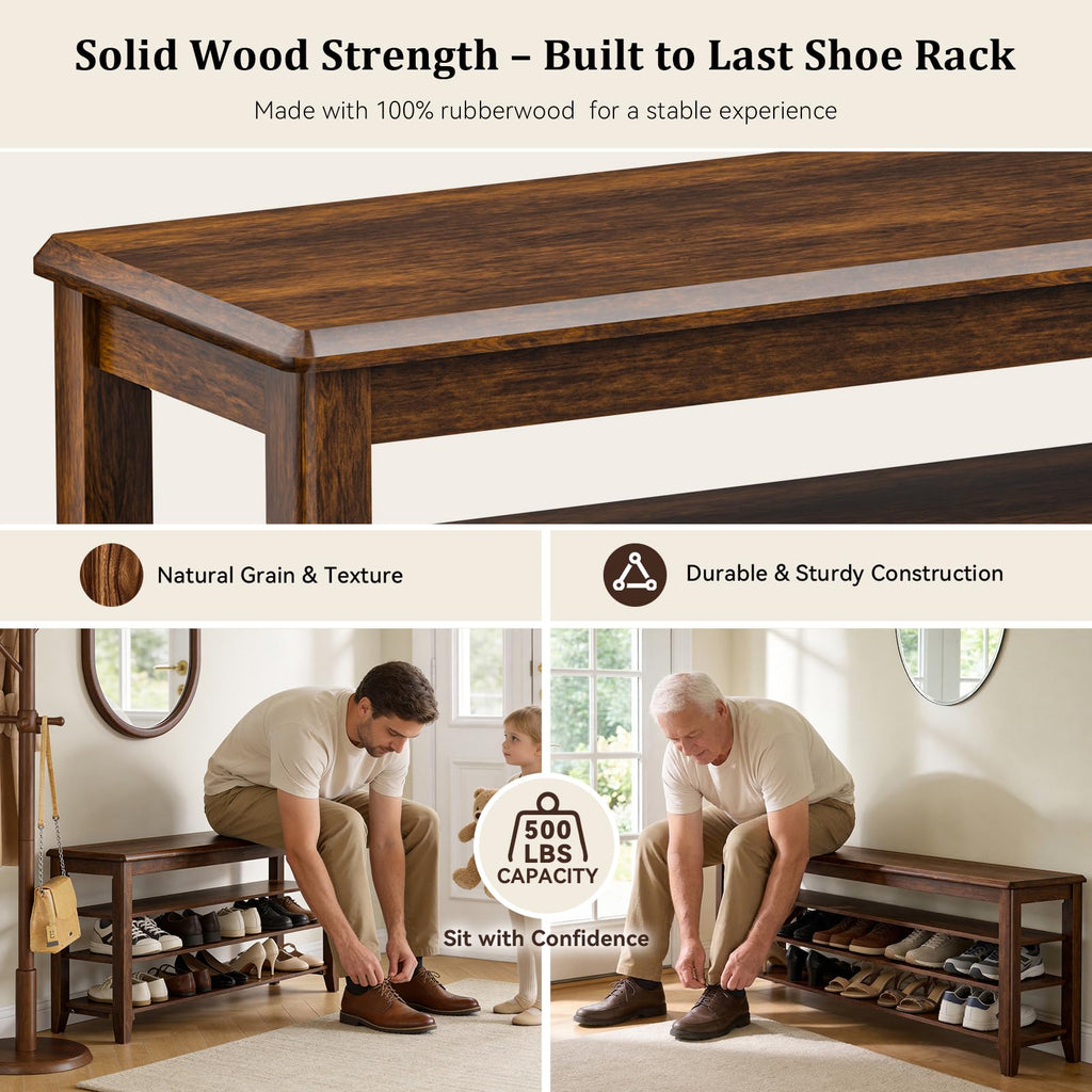Taitiy Shoe Bench Storage Rubberwood with Leather Cushion for Entryway Bench Ideal for Hallways Shoe Rack Front Doors Entrances Mudrooms Featuring 3 Height-Adjustable and Removable Shelves