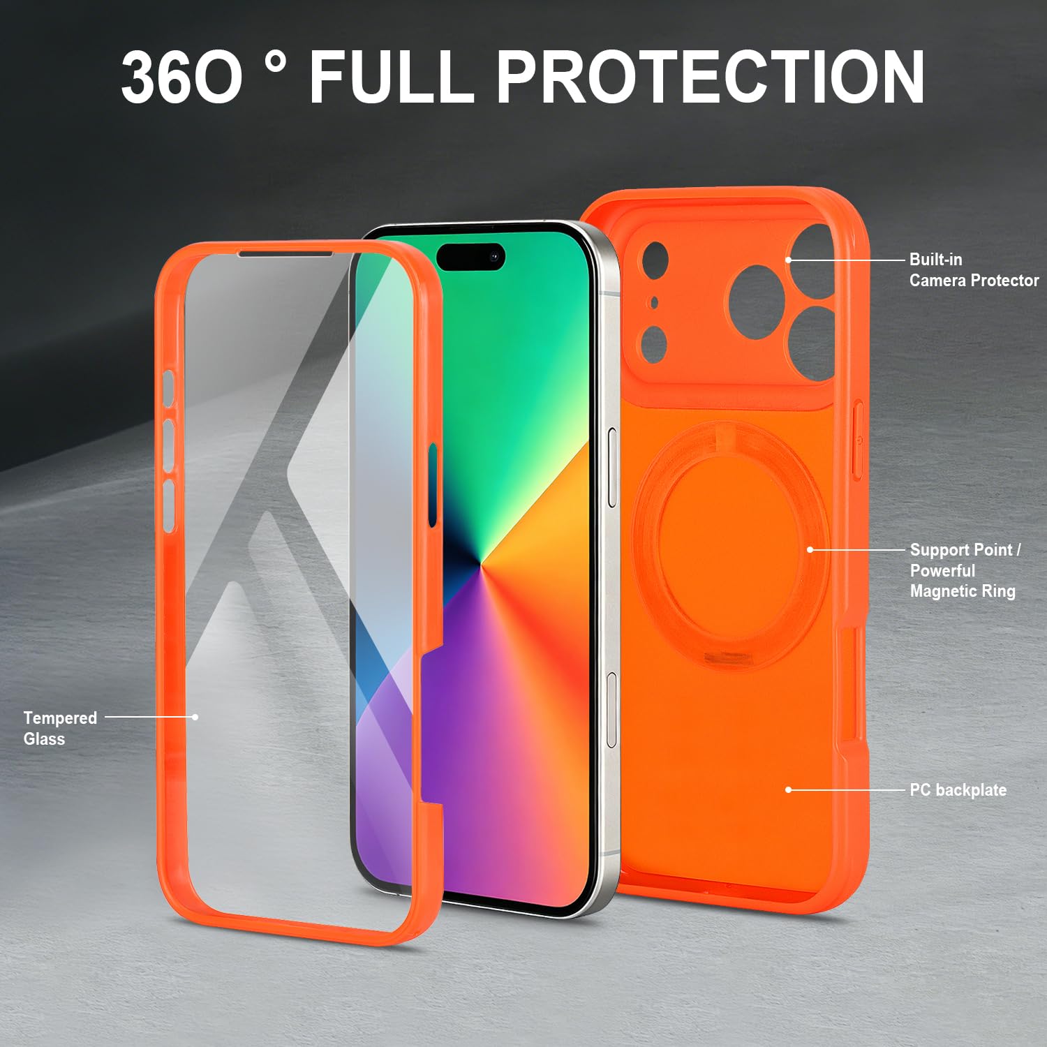 for iPhone 17 Pro Max Case Compatible with MagSafe Full-Body Magnetic Phone Case with Built-in Tempered Glass Screen Protector& Stand for iPhone17 Pro Max Cover, Orange