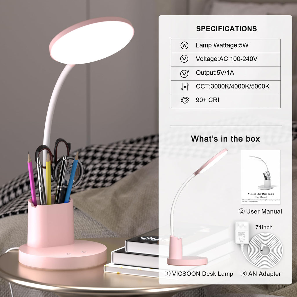 LED Desk Lamp with Wireless Charger for Home Office, Black | 3 Color Modes Dimmable Eye-Caring Study Desk Light for College Dorm Room, 360° Flexible Arm, Built-in Pen Holder, 800 Lumen