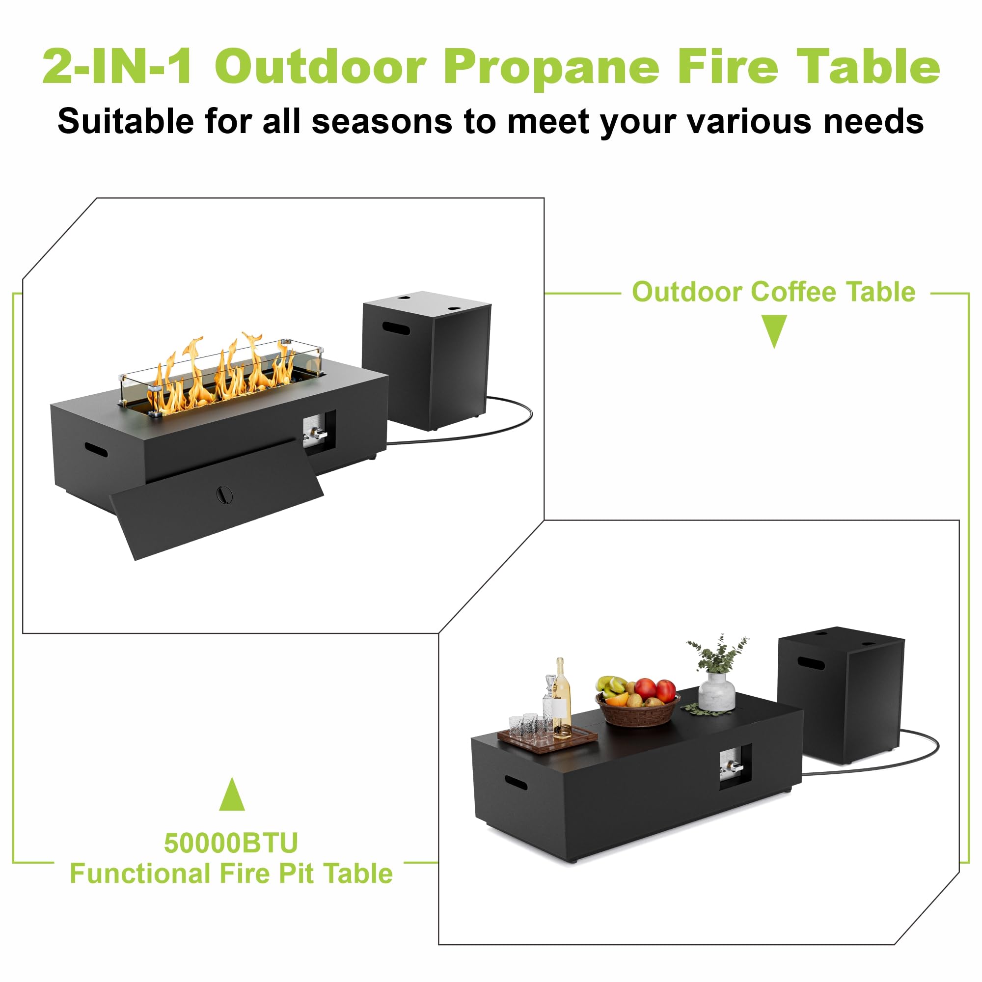 SUNPEAK 42" Modern Fire Pit Table with LED Light 50,000 BTU Deck Fire Pit Table Includes Wind Guard, Lid, Rocks & Cover - Propane Gas Patio Fireplace, Chimenea para Patio (Grey/Golden Light, 42" LED)