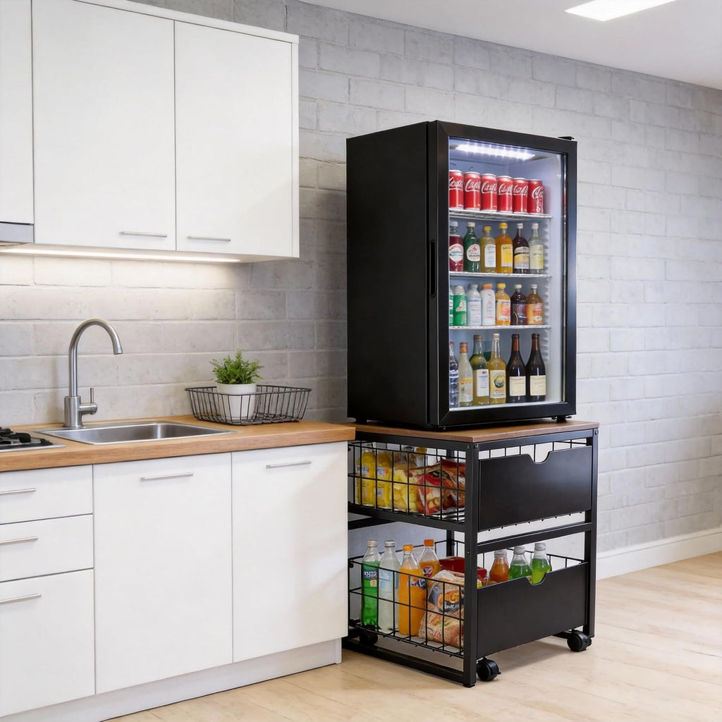 Mini Fridge Stand with Storage, Heavy Duty Mini Fridge Table, Small Refrigerator Stand, For Dorm Office Apartment Home, 21.6”L x 21.6”W x 22.2”H, Max Load 250 LBS
