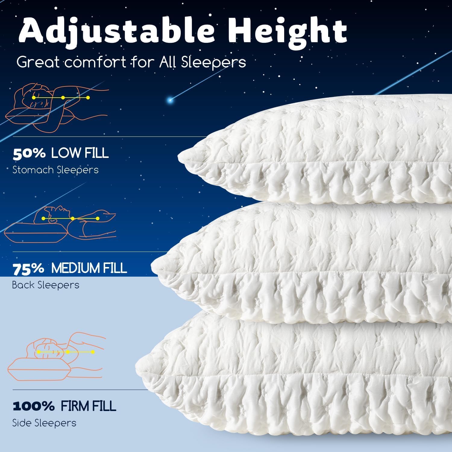 KUCEY Cooling Side Sleeper Pillow for Neck and Shoulder Pain, Luxury Shredded Memory Foam Curved Bed Pillows for Sleeping Set of 1- Adjustable Queen Size- Washable Cover Crescent White