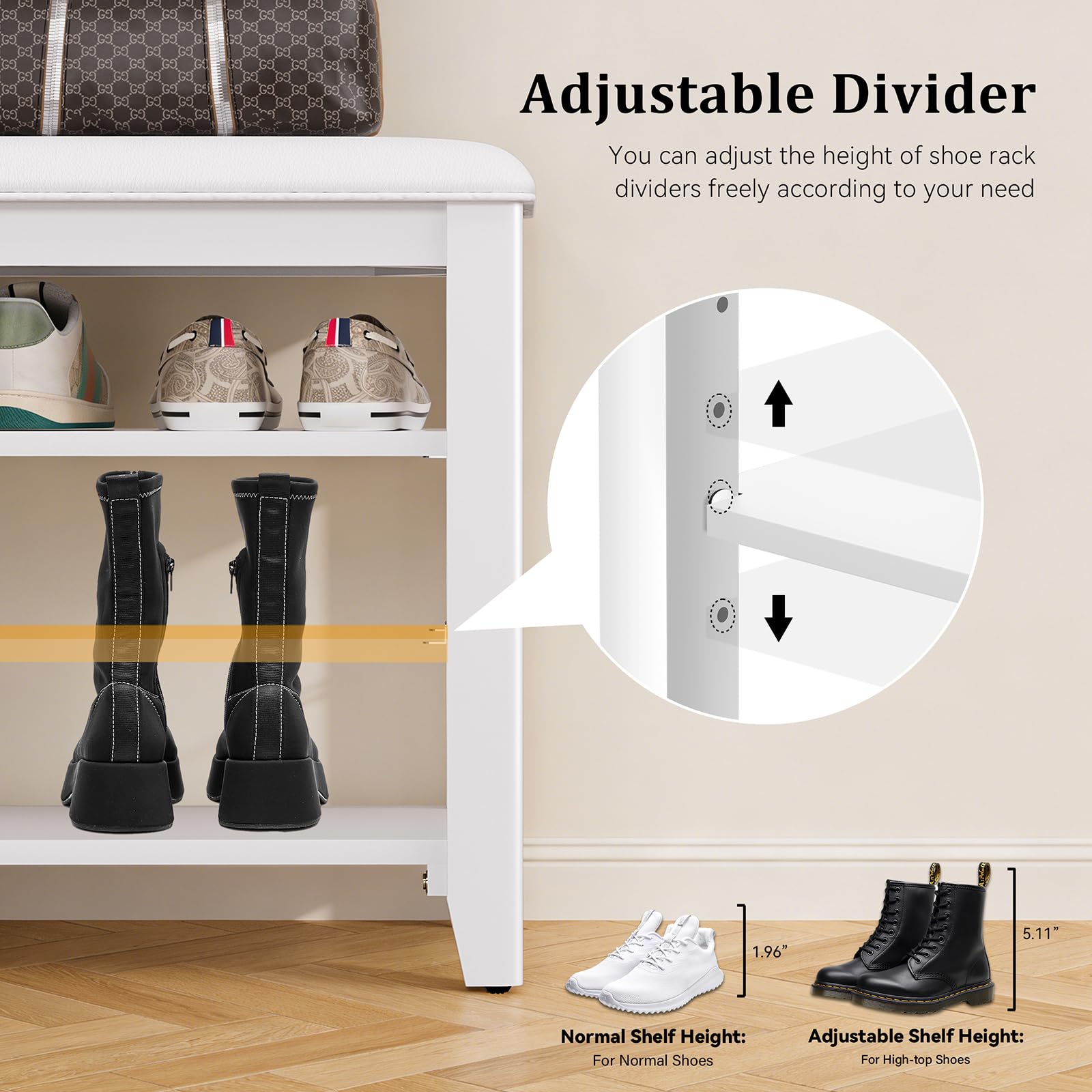 Taitiy Shoe Bench Storage Rubberwood with Leather Cushion for Entryway Bench Ideal for Hallways Shoe Rack Front Doors Entrances Mudrooms Featuring 3 Height-Adjustable and Removable Shelves