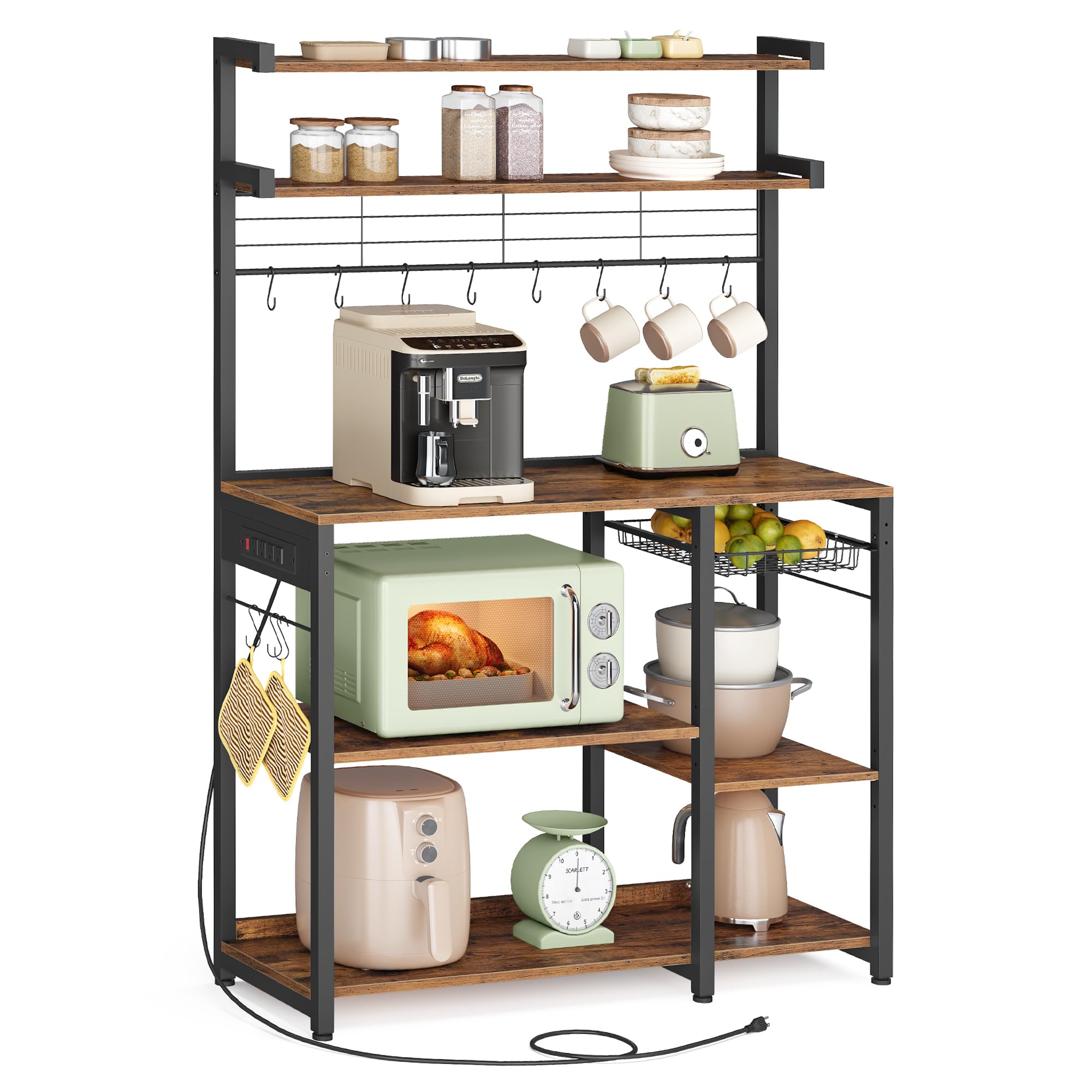 VASAGLE Kitchen Bakers Rack with Power Outlet, Coffee Bar with 35.4-Inch High Worktop, Microwave Stand with 8 Hooks, 15.7 x 31.5 x 66.9 Inches, Golden Oak and Cloud White UKKS059Y01