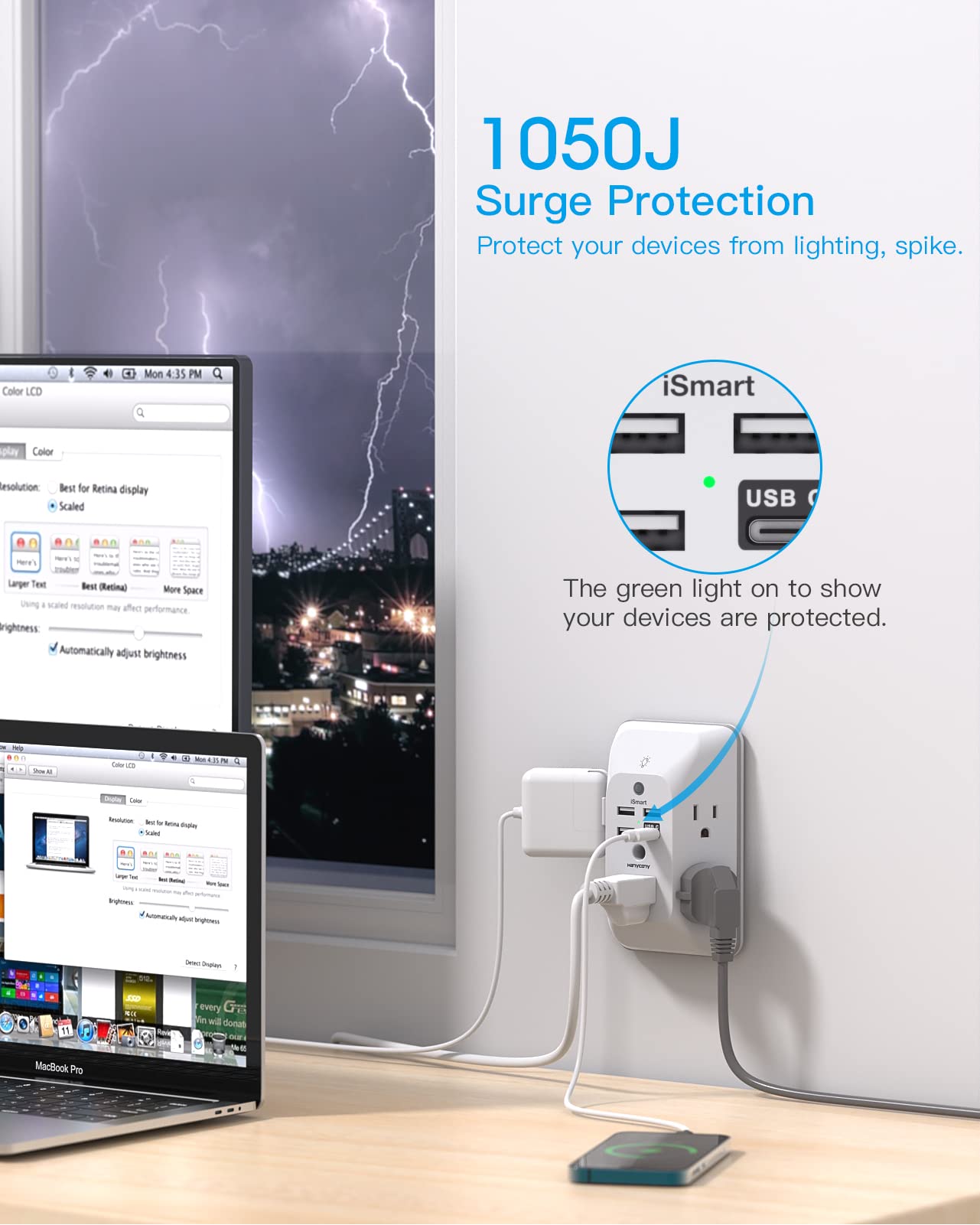 Outlet Extender with Night Light, Multi Plug Wall Outlet, Surge Protector | Multiple Electrical Outlet Splitter Expander, 4 USB Ports (1 USB C) Wall Charger, Plug Extension Adapter for Home, Dorm, RV