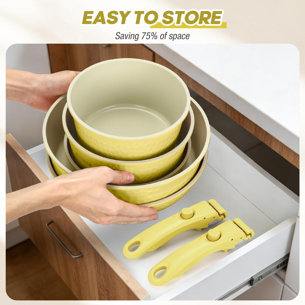 pots and Pans Set, Ceramic Nonstick Cookware Set Detachable Handle, Induction Kitchen Cookware Sets with Removable Handle, Non Stick RV Cookware Set, Dishwasher ＆ Oven Safe