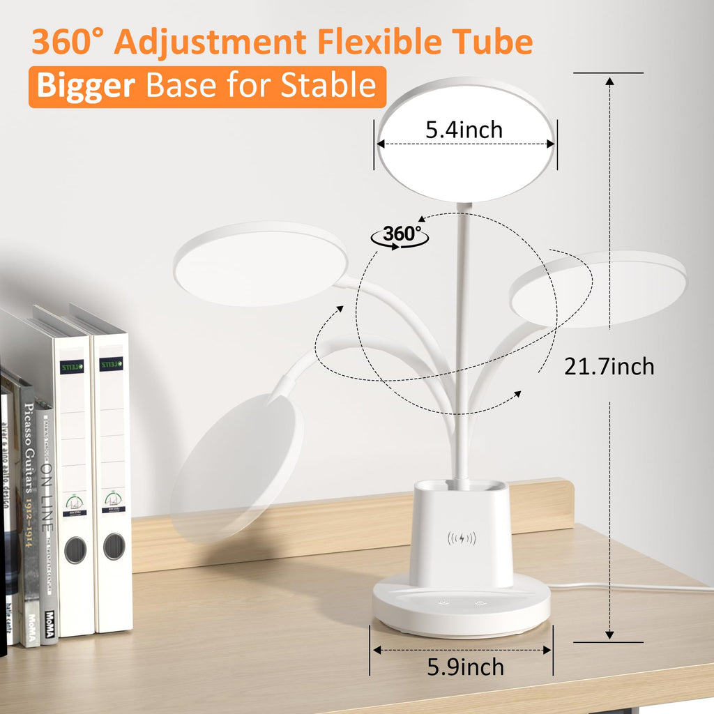 LED Desk Lamp with Wireless Charger for Home Office, Black | 3 Color Modes Dimmable Eye-Caring Study Desk Light for College Dorm Room, 360° Flexible Arm, Built-in Pen Holder, 800 Lumen