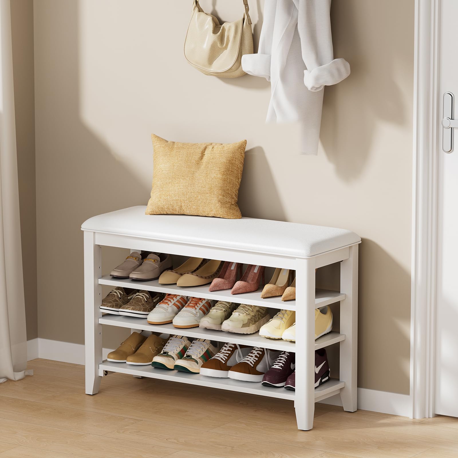 Taitiy Shoe Bench Storage Rubberwood with Leather Cushion for Entryway Bench Ideal for Hallways Shoe Rack Front Doors Entrances Mudrooms Featuring 3 Height-Adjustable and Removable Shelves