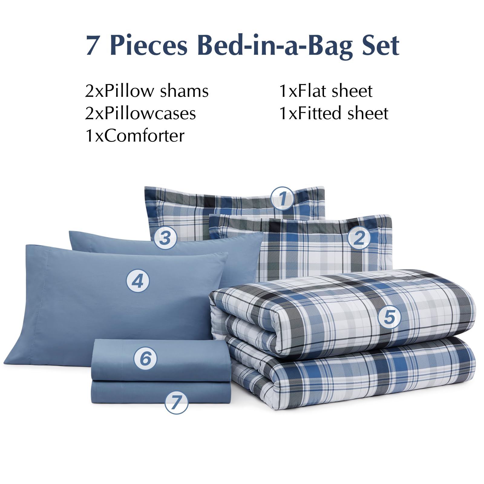 MaiRêve Plaid Twin XL Comforter Set Navy Blue 5 Pieces Dorm Bed in a Bag | Rustic Farmhouse Bedding Sets for Boys Teen with Sheets, Pillowcase & Sham