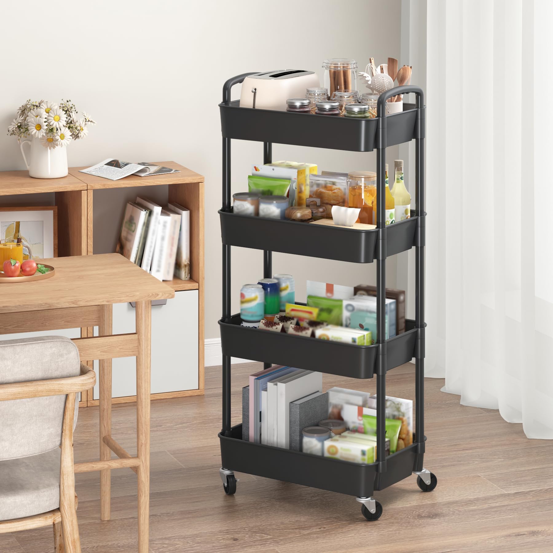 Sywhitta 3-Tier Plastic Rolling Utility Cart with Handle, Multi-Functional Storage Trolley for Office, Living Room, Kitchen, Movable Storage Organizer with Wheels, Black