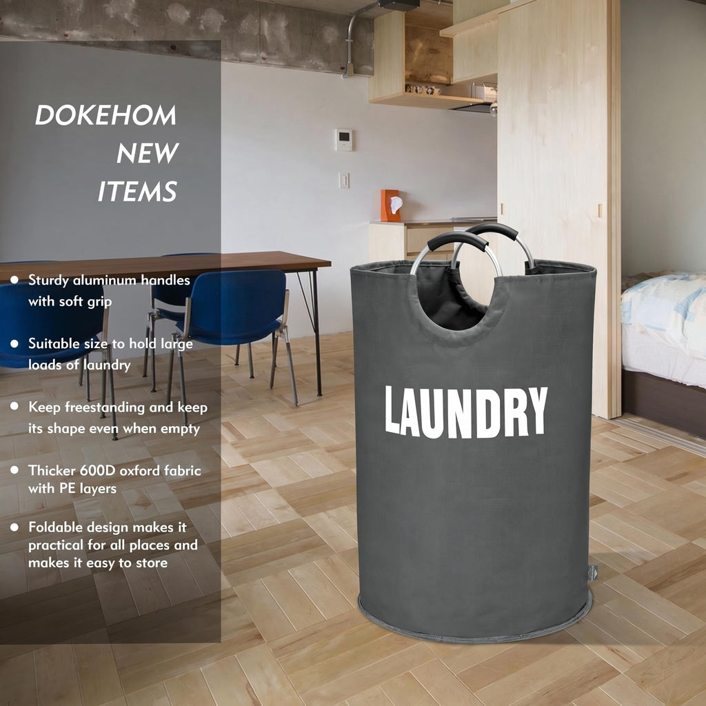 DOKEHOM 90L Large Laundry Basket, Collapsible Laundry Bag, Black | Freestanding tall clothes hamper & foldable washing bin. High-capacity clothes storage basket with durable sturdy handles