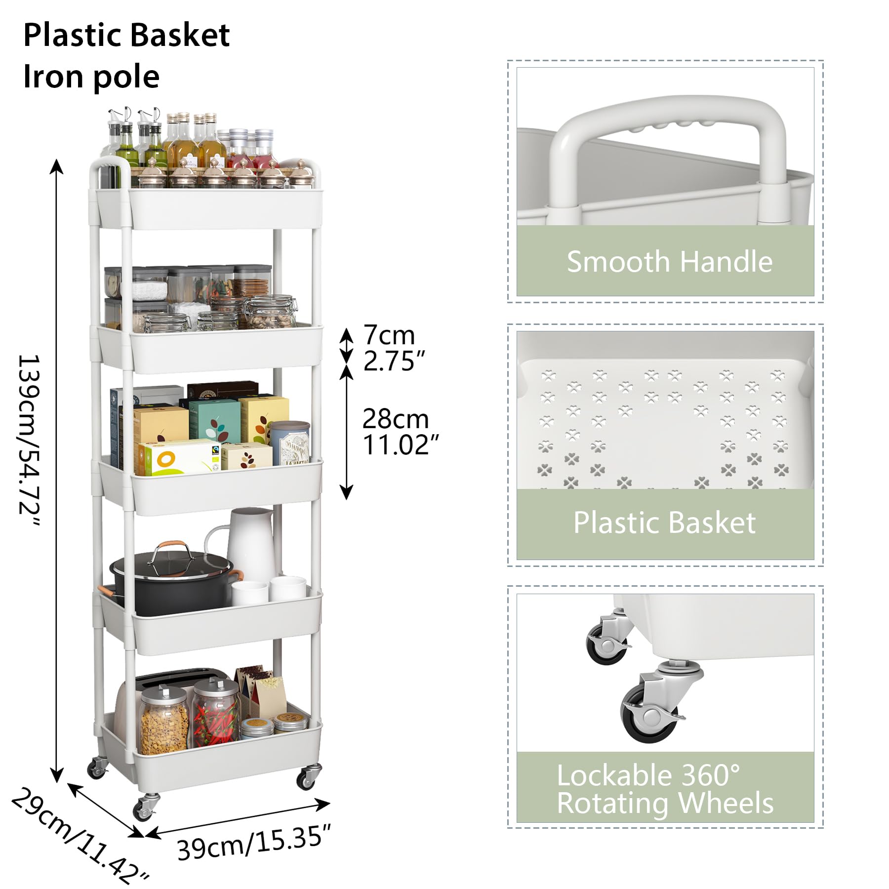 Sywhitta 3-Tier Plastic Rolling Utility Cart with Handle, Multi-Functional Storage Trolley for Office, Living Room, Kitchen, Movable Storage Organizer with Wheels, Black