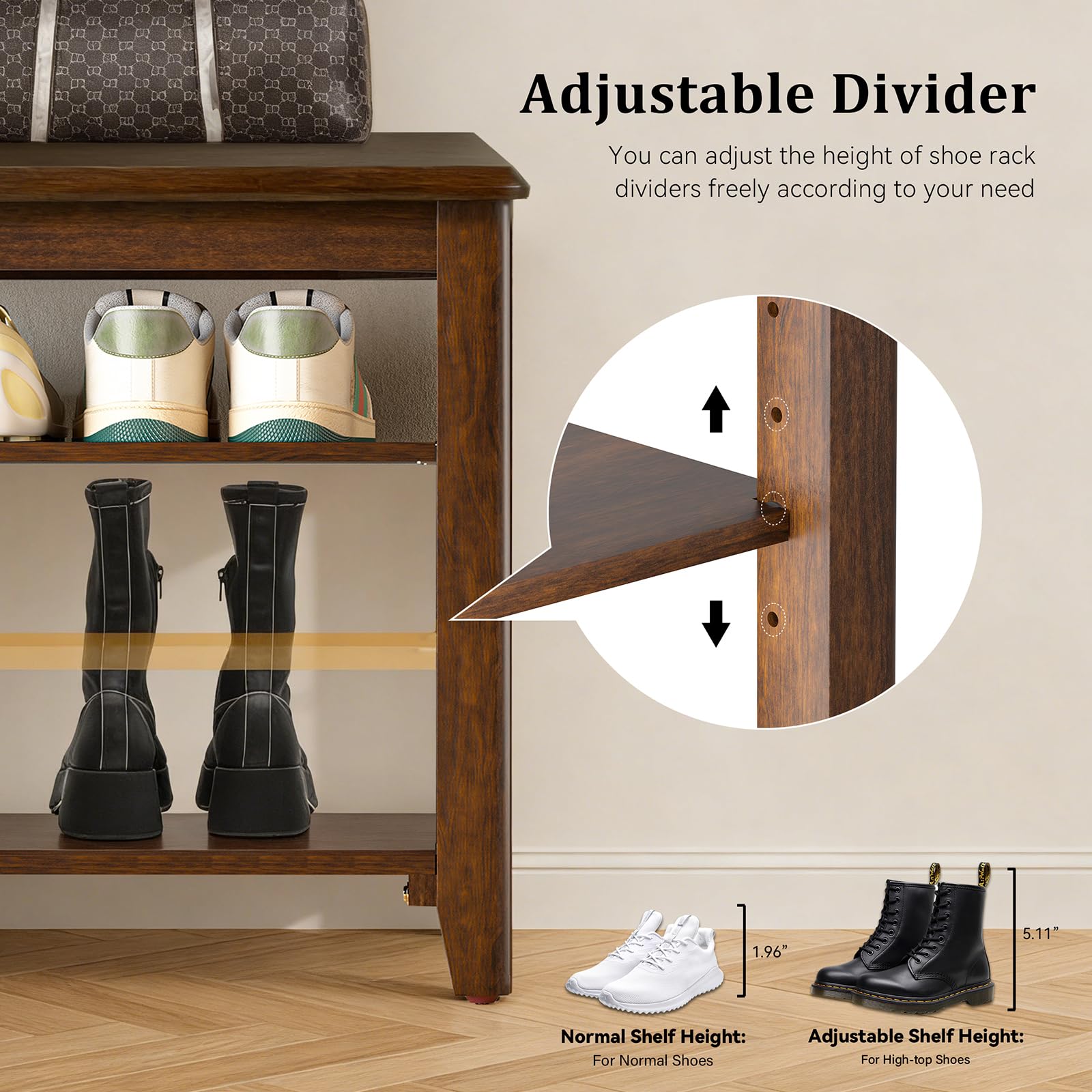 Taitiy Shoe Bench Storage Rubberwood with Leather Cushion for Entryway Bench Ideal for Hallways Shoe Rack Front Doors Entrances Mudrooms Featuring 3 Height-Adjustable and Removable Shelves