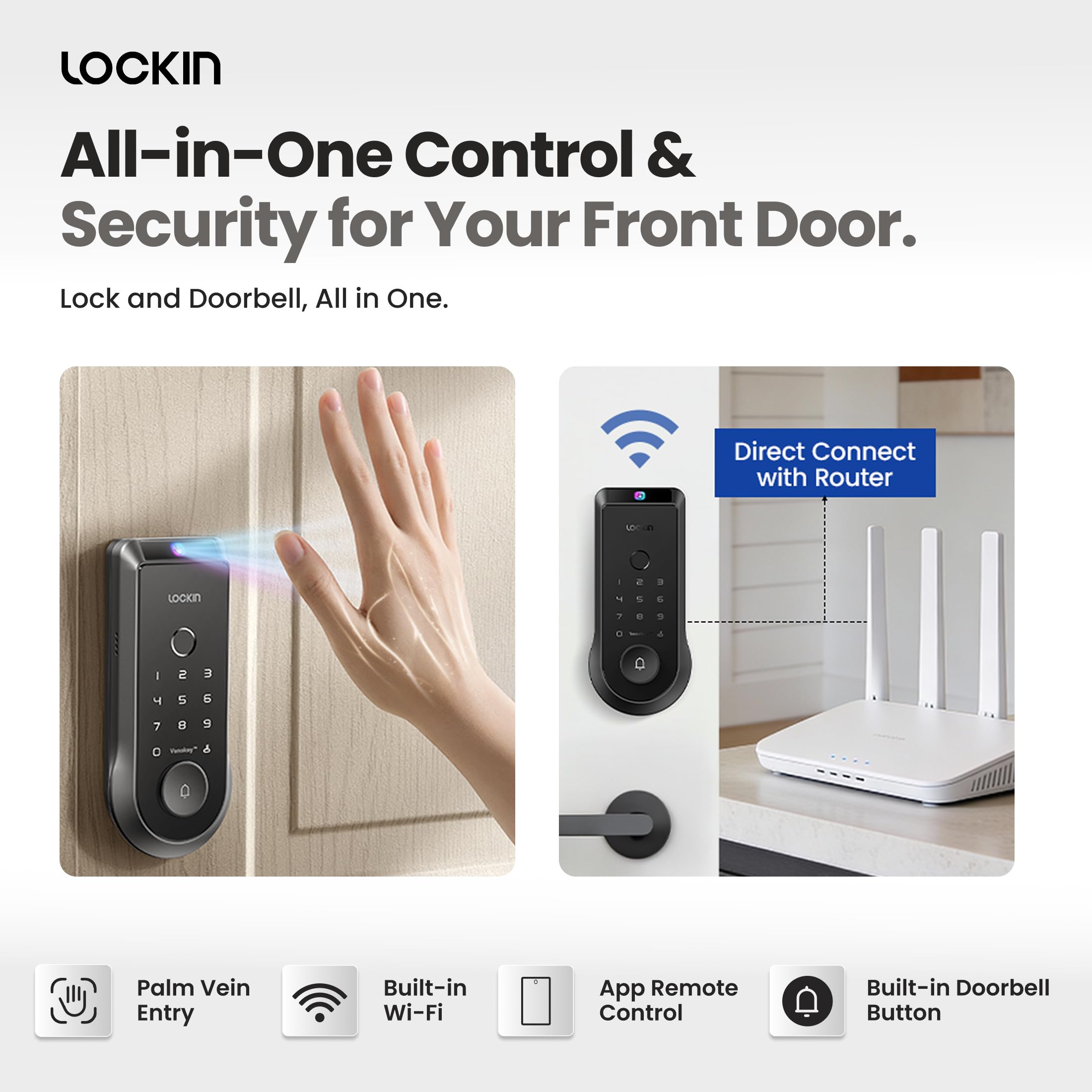 Lockin Venoris Smart Lock - Palm Vein & Fingerprint Keyless Entry Door Lock - 6 Unlock Methods - Built-in WiFi - Smart Home Compatible - No Monthly Subscription - 7-Month Battery Life